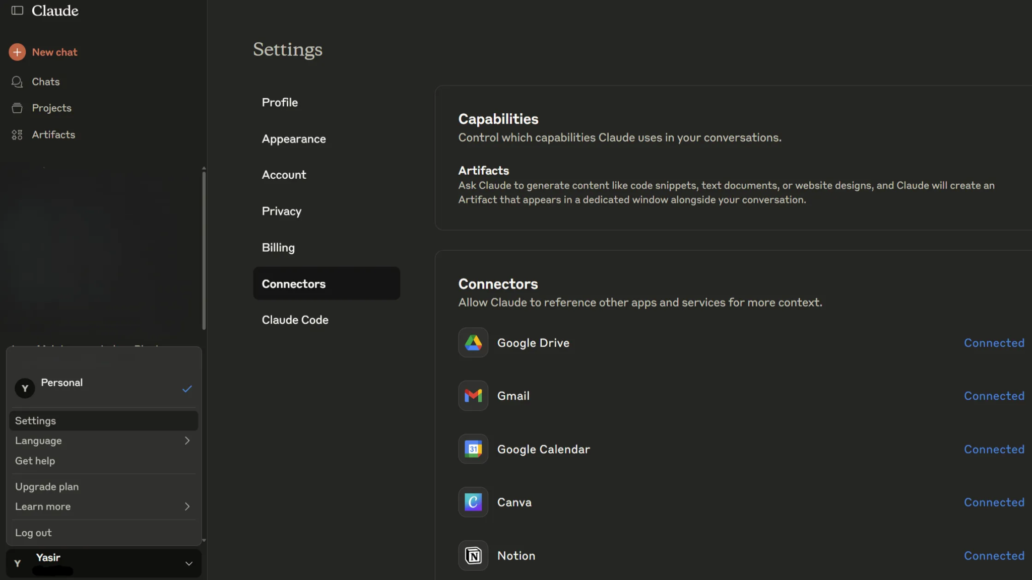 Claude Connector settings showing connected apps.
