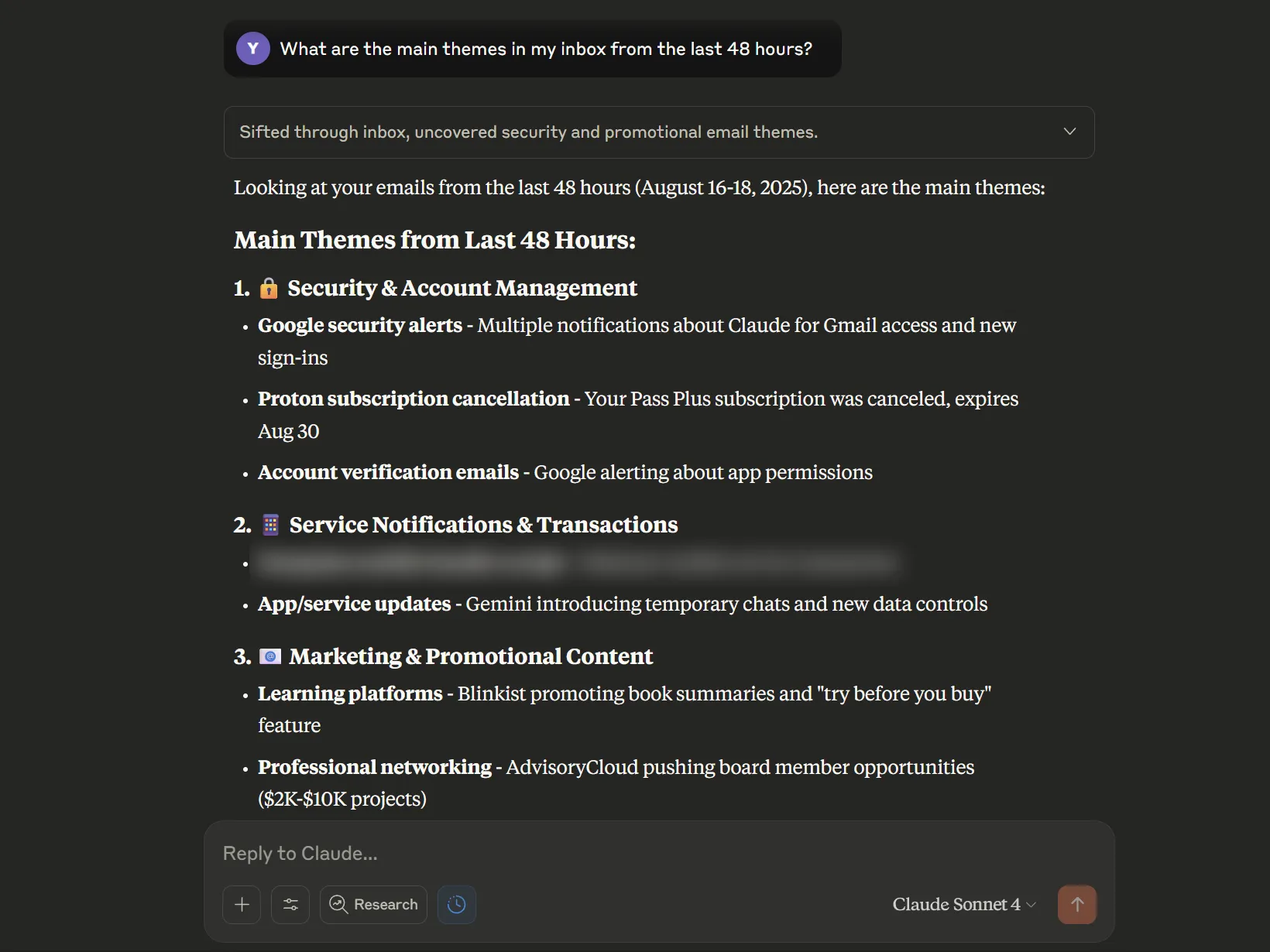 Claude Sonnet 4.0 given a prompt email inbox themes.