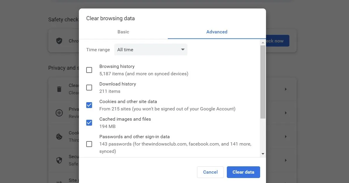 Clear Cookies and cached images files in Chrome