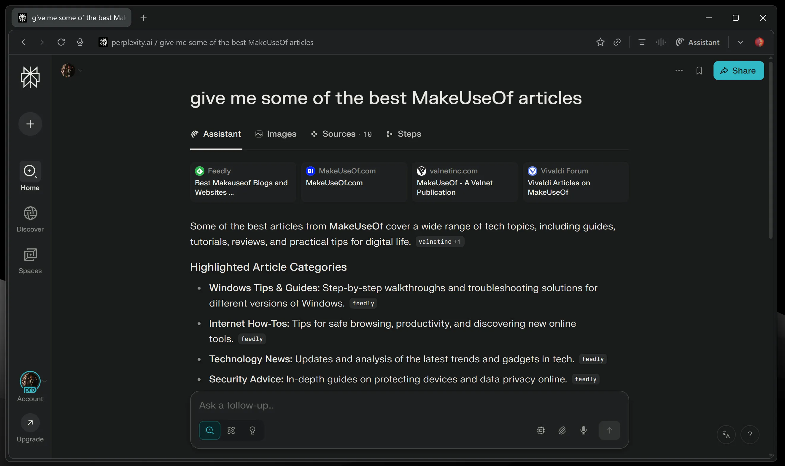 A web search in Comet browser