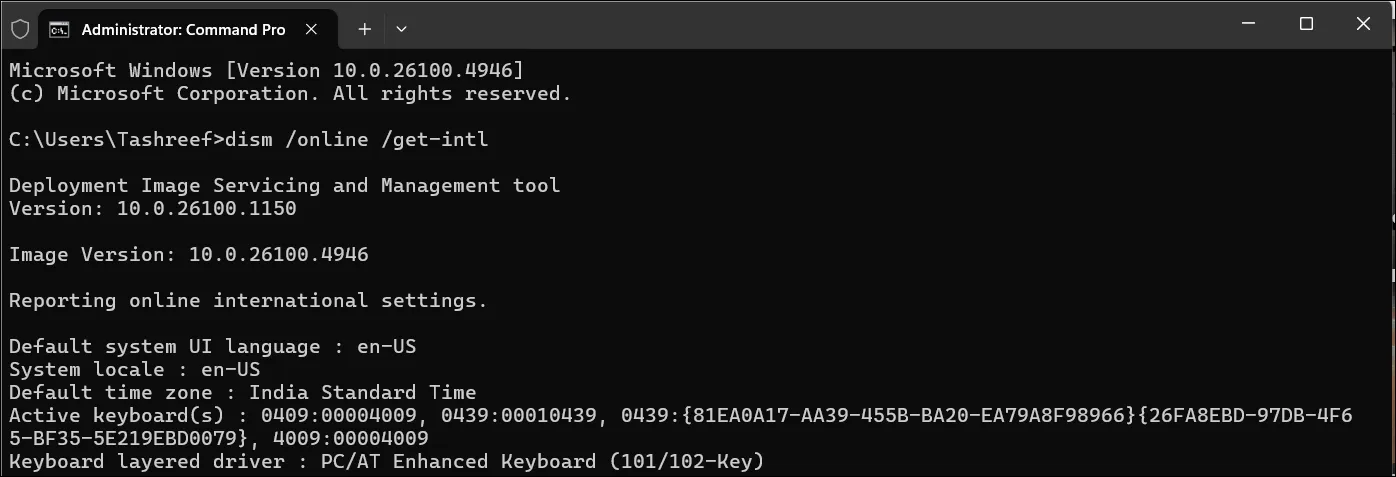 Command prompt showing the installed Windows language