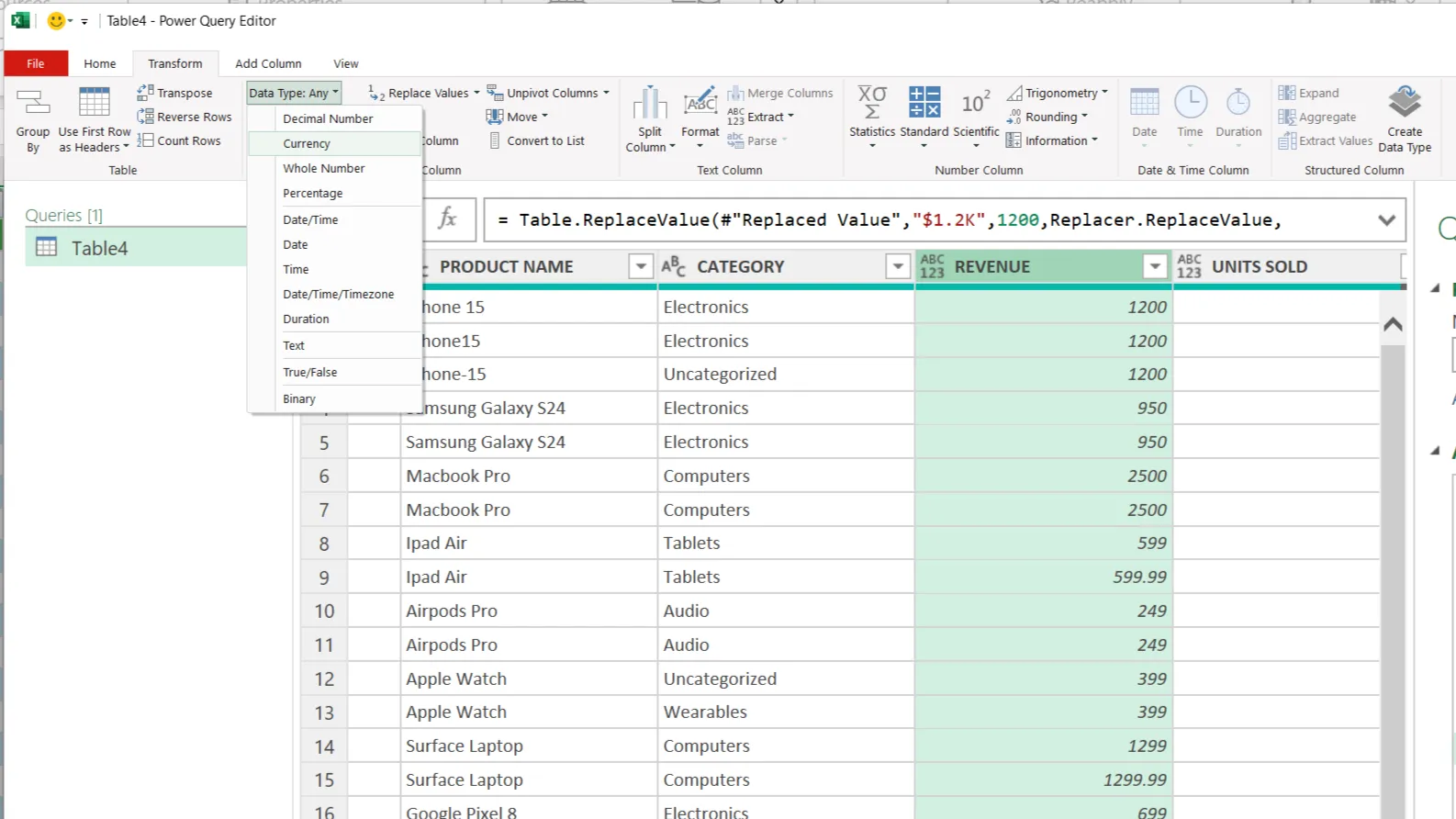 قائمة منسدلة لأنواع البيانات في محرر Power Query في Excel.