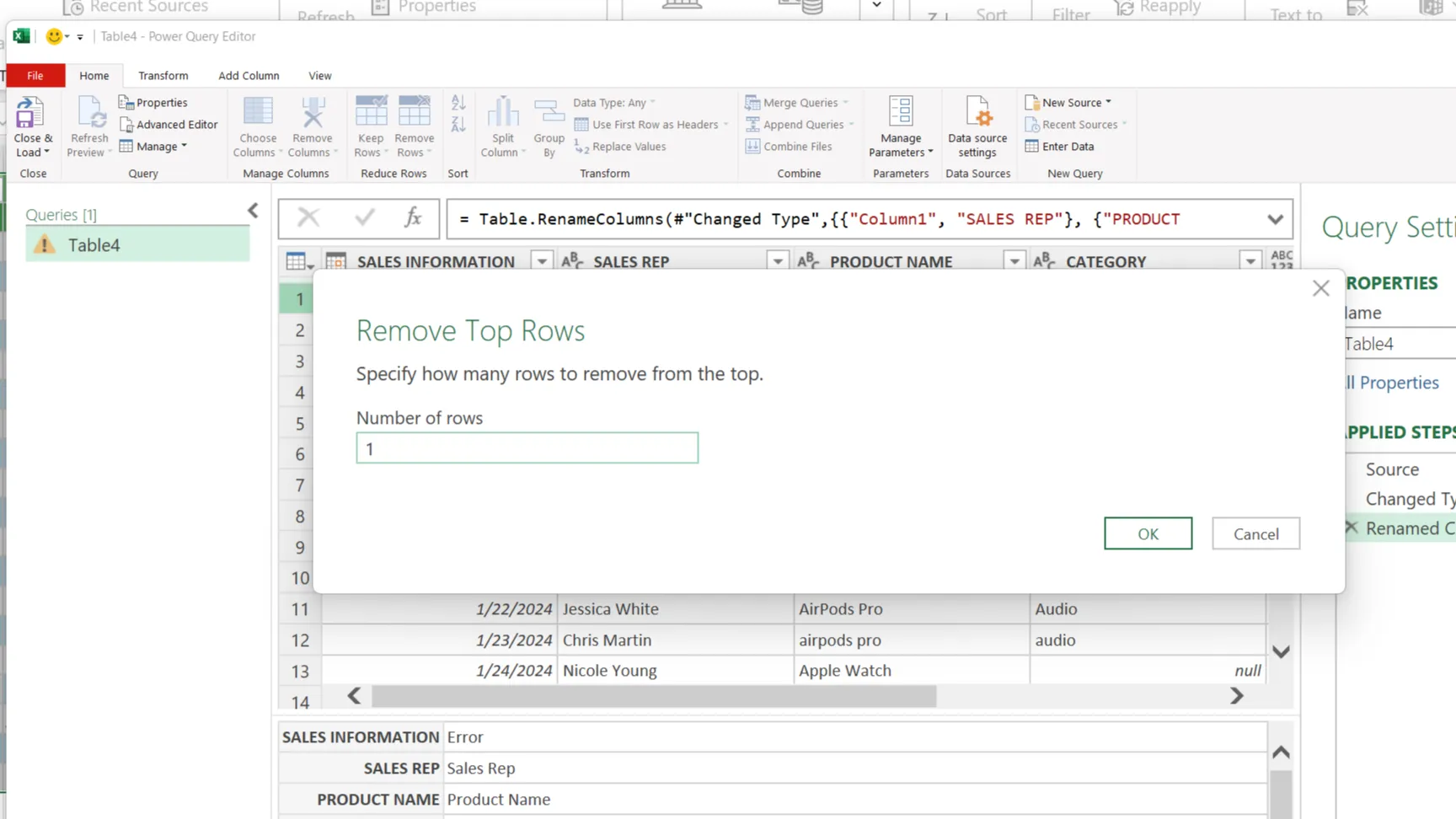 مربع حوار في محرر Power Query لإزالة الصفوف العلوية.