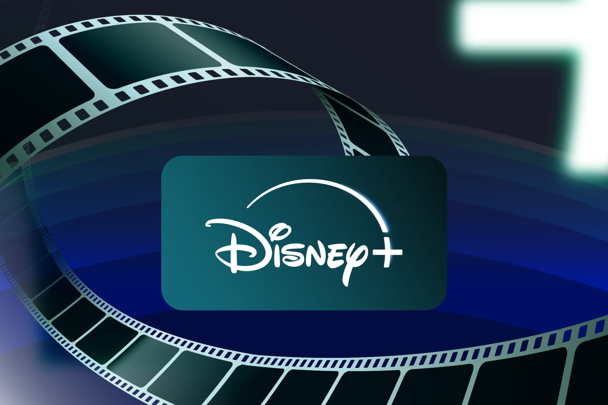 شعار Disney+ متوهج في المنتصف، مع شريط فيلم منحني يلتف حوله