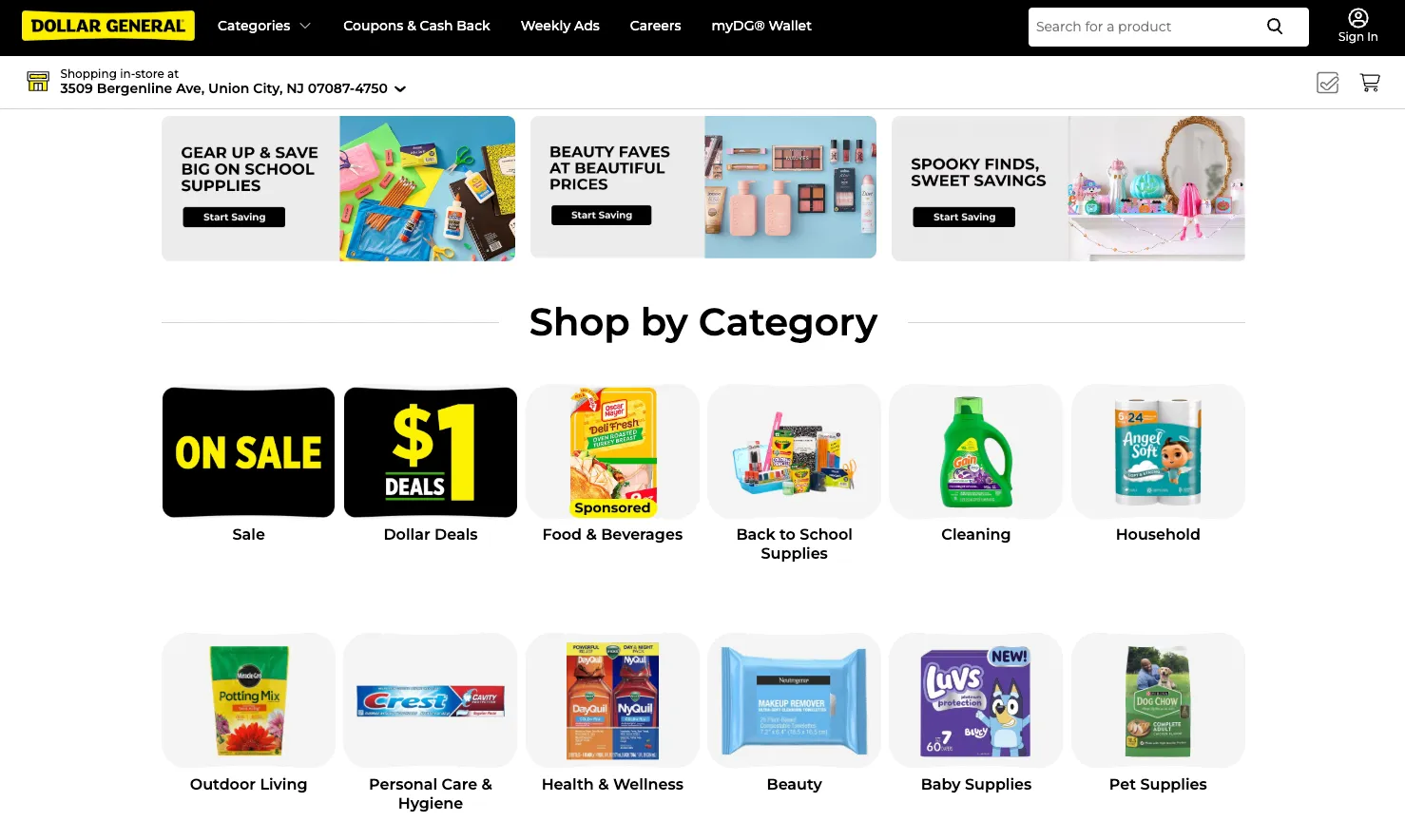 Dollar General website home page showcases different categories including a section for back to school deals
