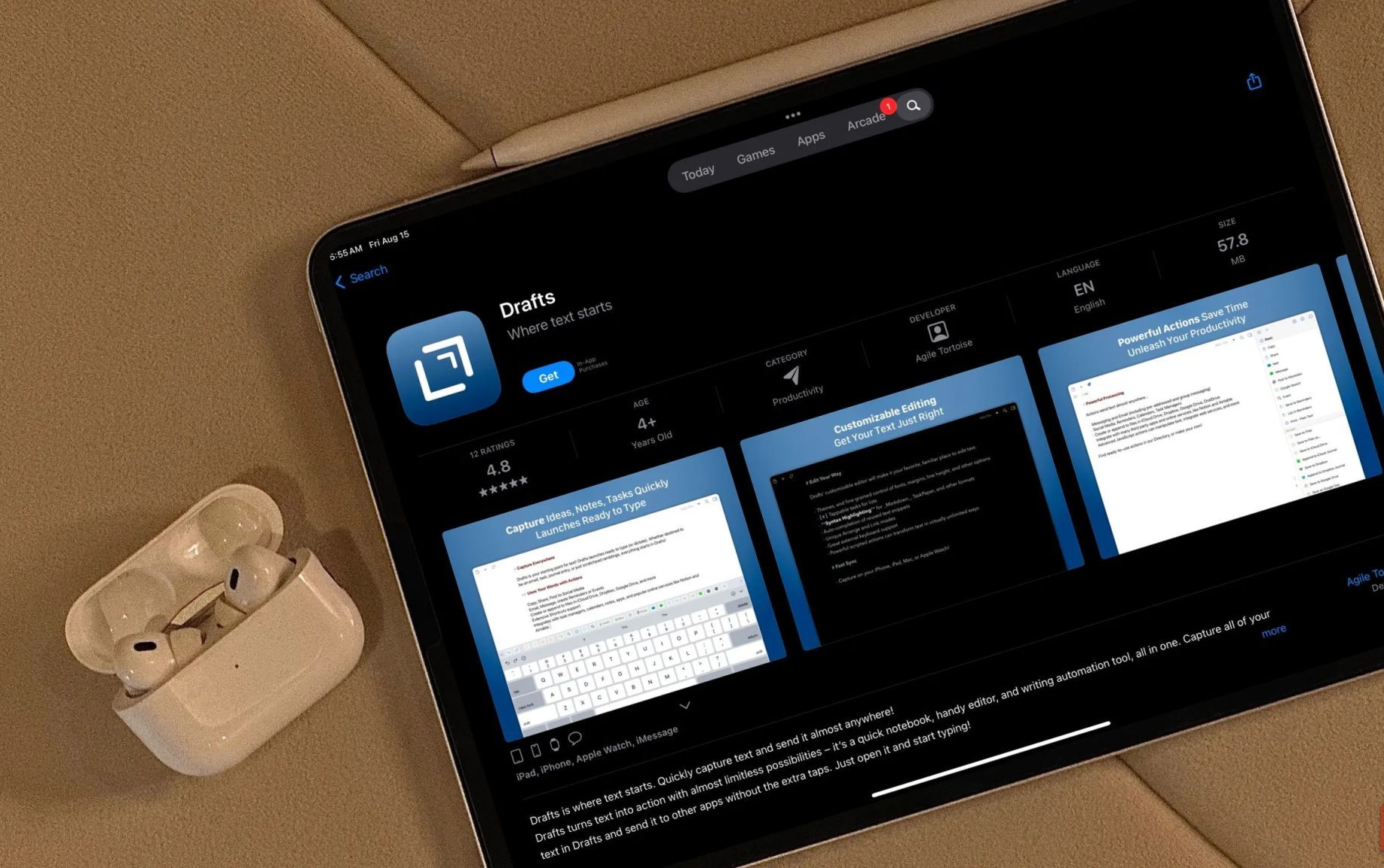 صفحة تطبيق Drafts معروضة على جهاز iPad