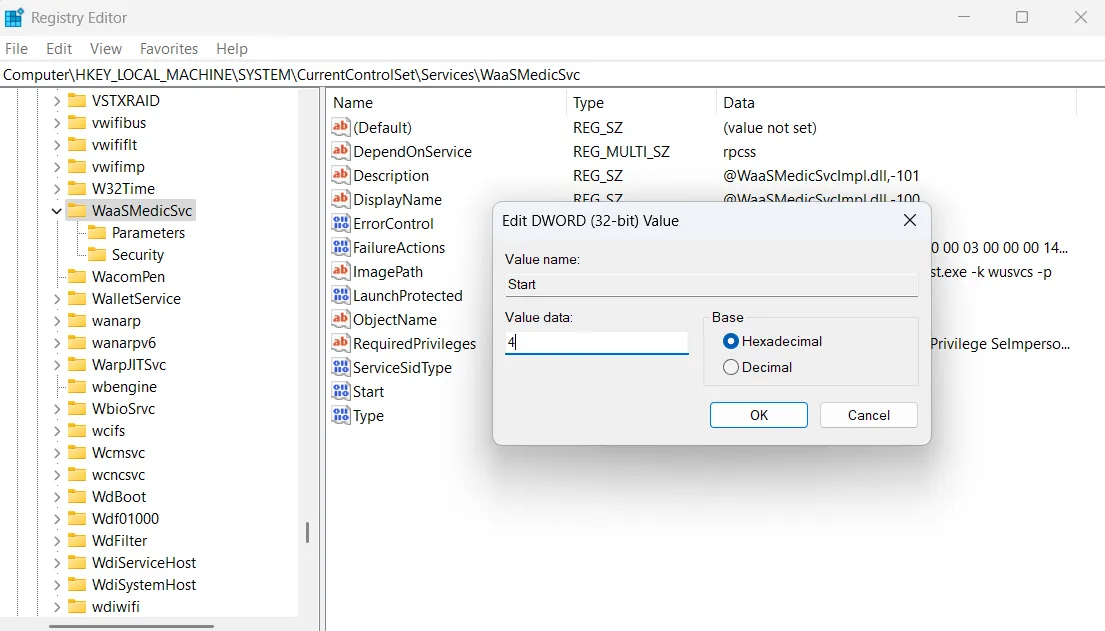 Editing start DWORD in Registry Editor
