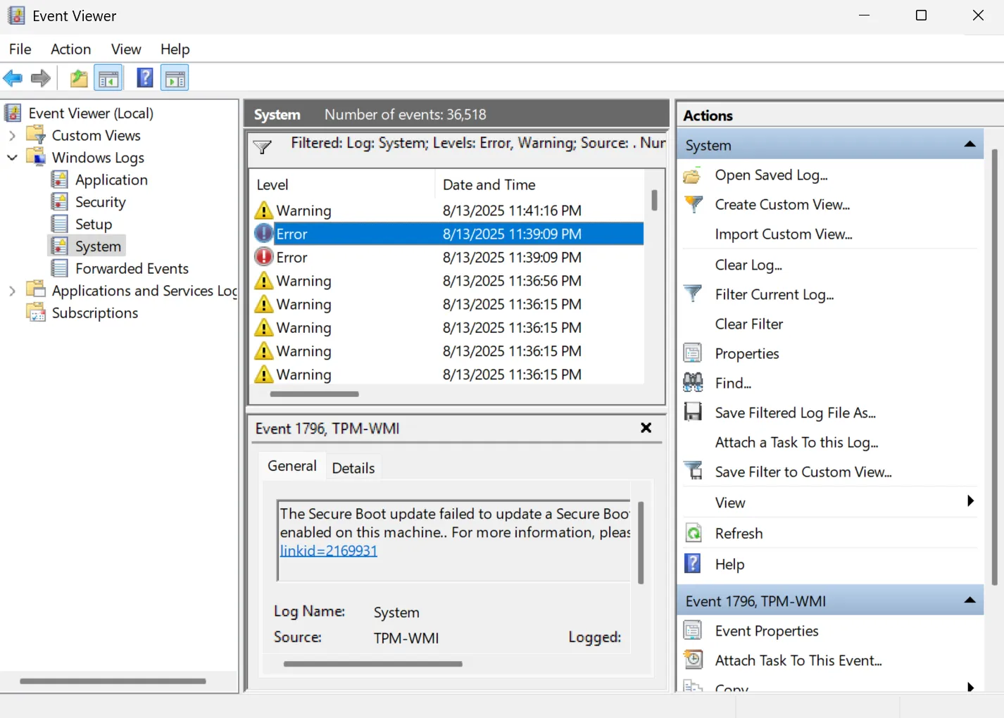 Error log highlighted in Windows Event Viewer.
