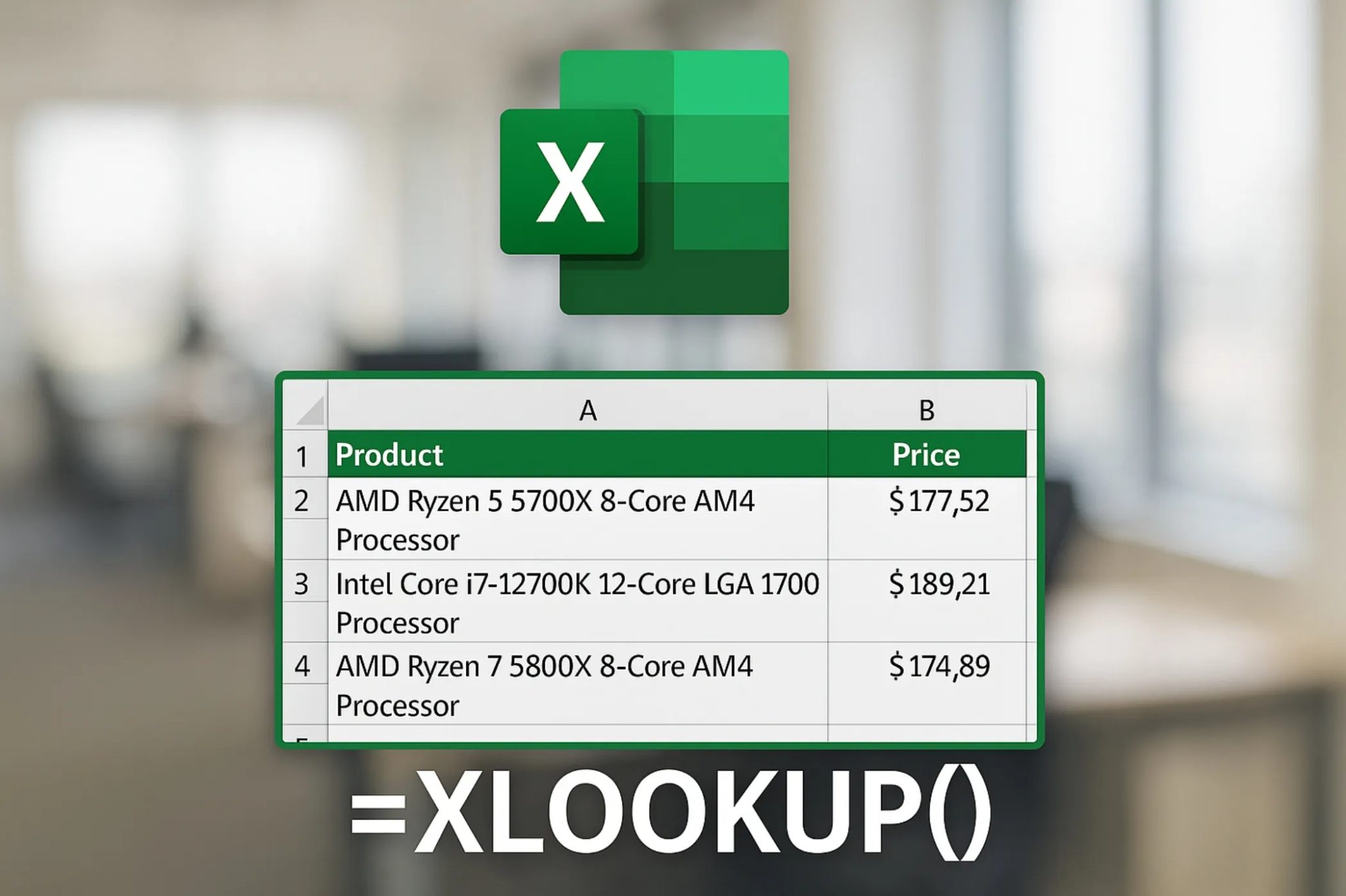 جدول أسعار وحدات المعالجة المركزية (CPU) في Excel يعرض استخدام دالة XLOOKUP