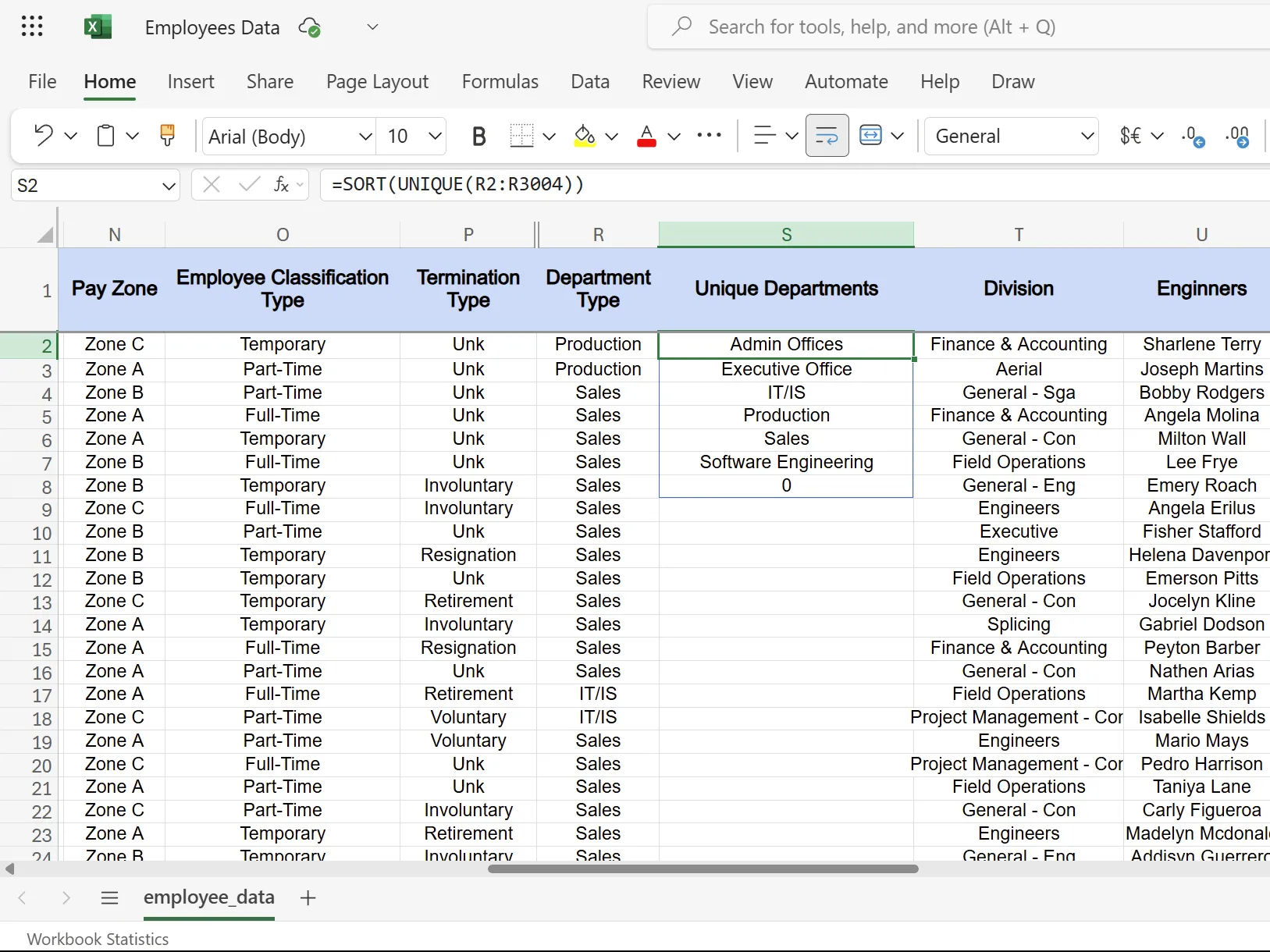 Excel SORT function showing six departments list alphabetically.