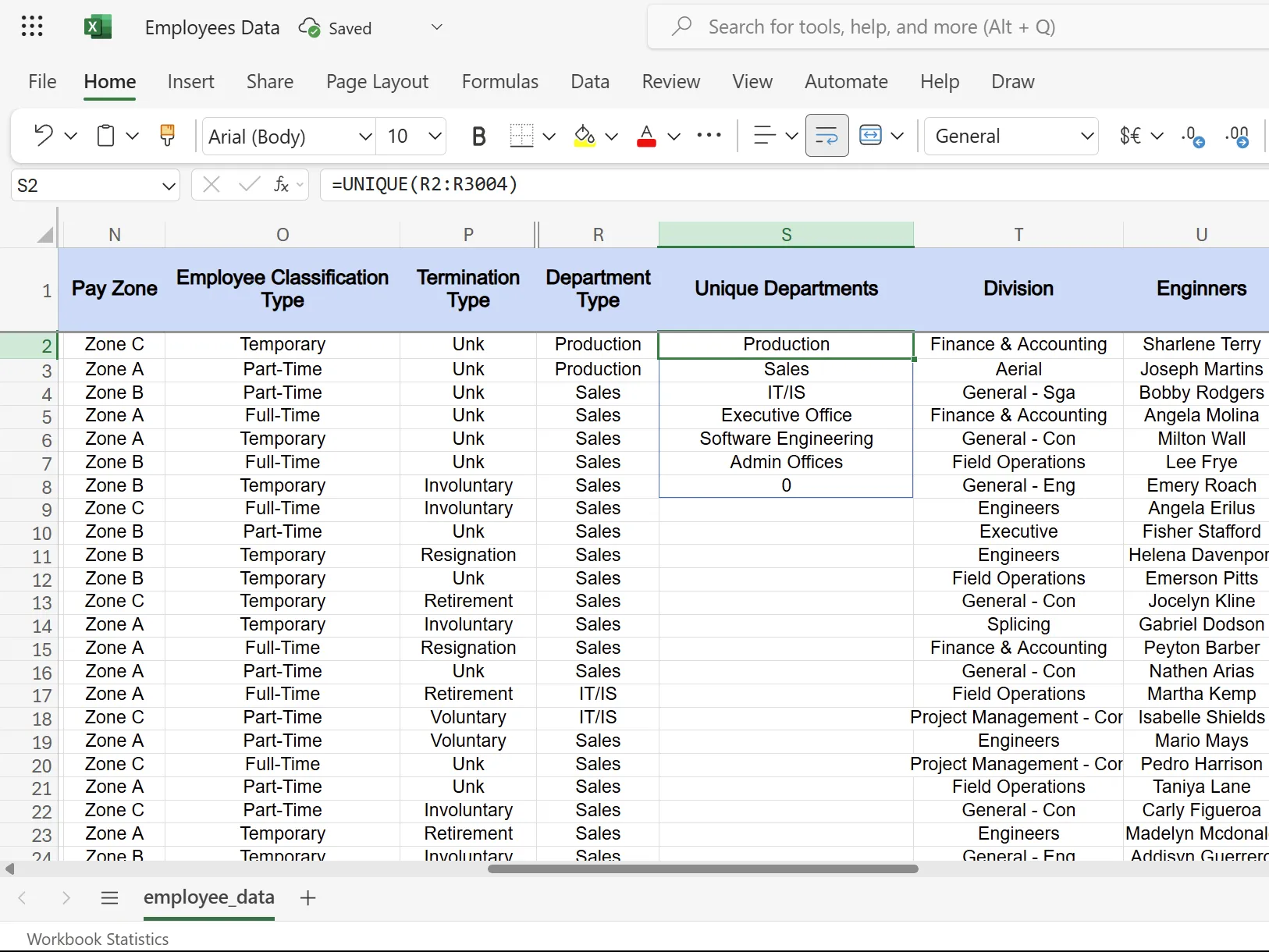 Excel UNIQUE function showing six departments list.