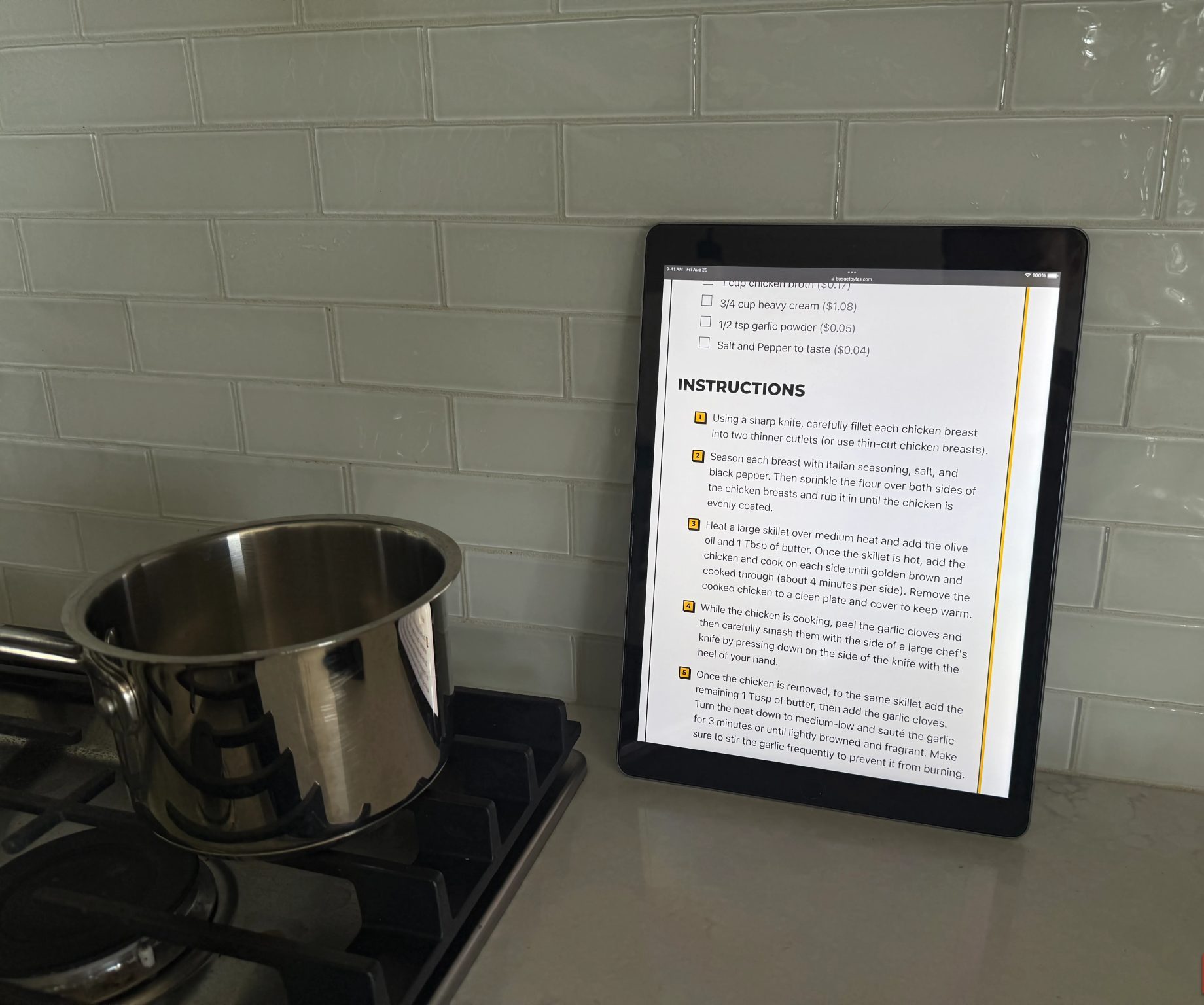 first gen ipad pro in kitchen showing recipe steps