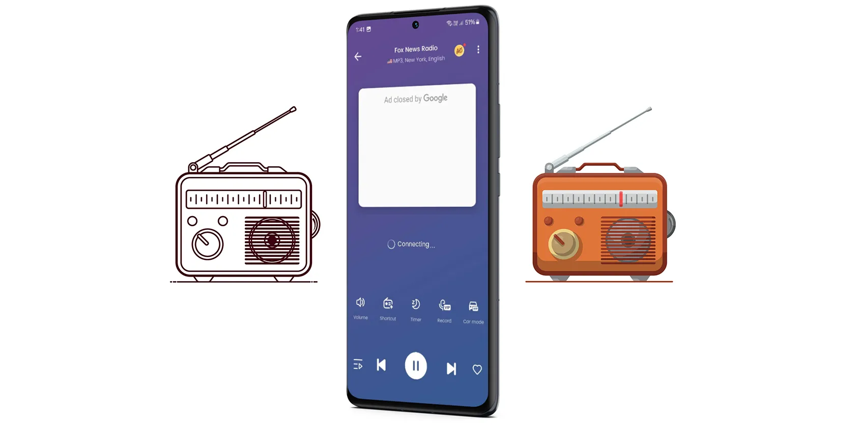 تطبيق راديو FM يعمل على هاتف Android مع رسم توضيحي ل جهازي راديو FM