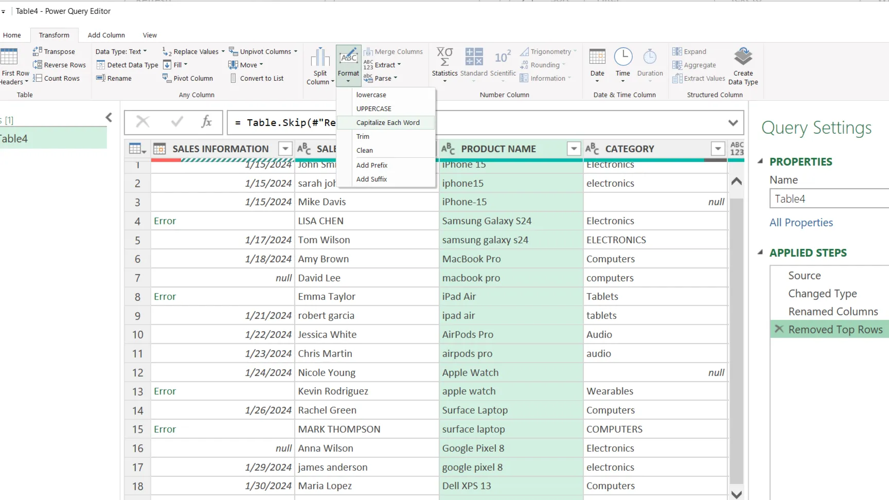 قائمة Format المنسدلة في محرر Excel Power Query.