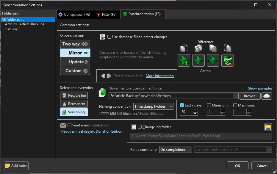 FreeFileSync synchronization settings dialog