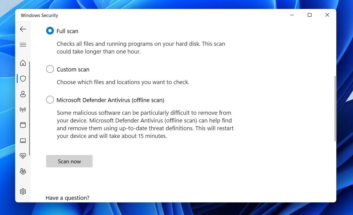 Full Scan Option Selected in Windows Security App