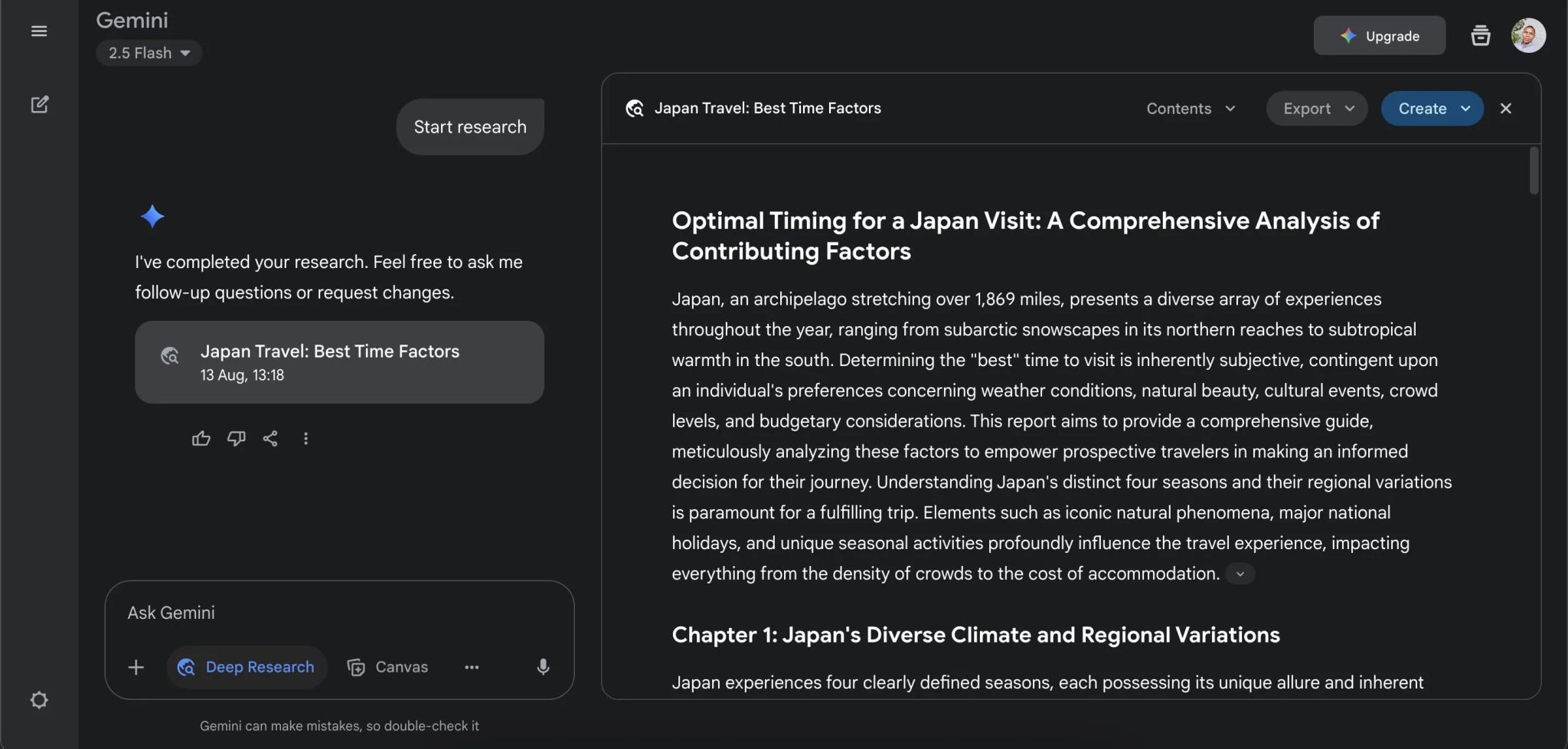 Gemini Deep Research response on Japan travel