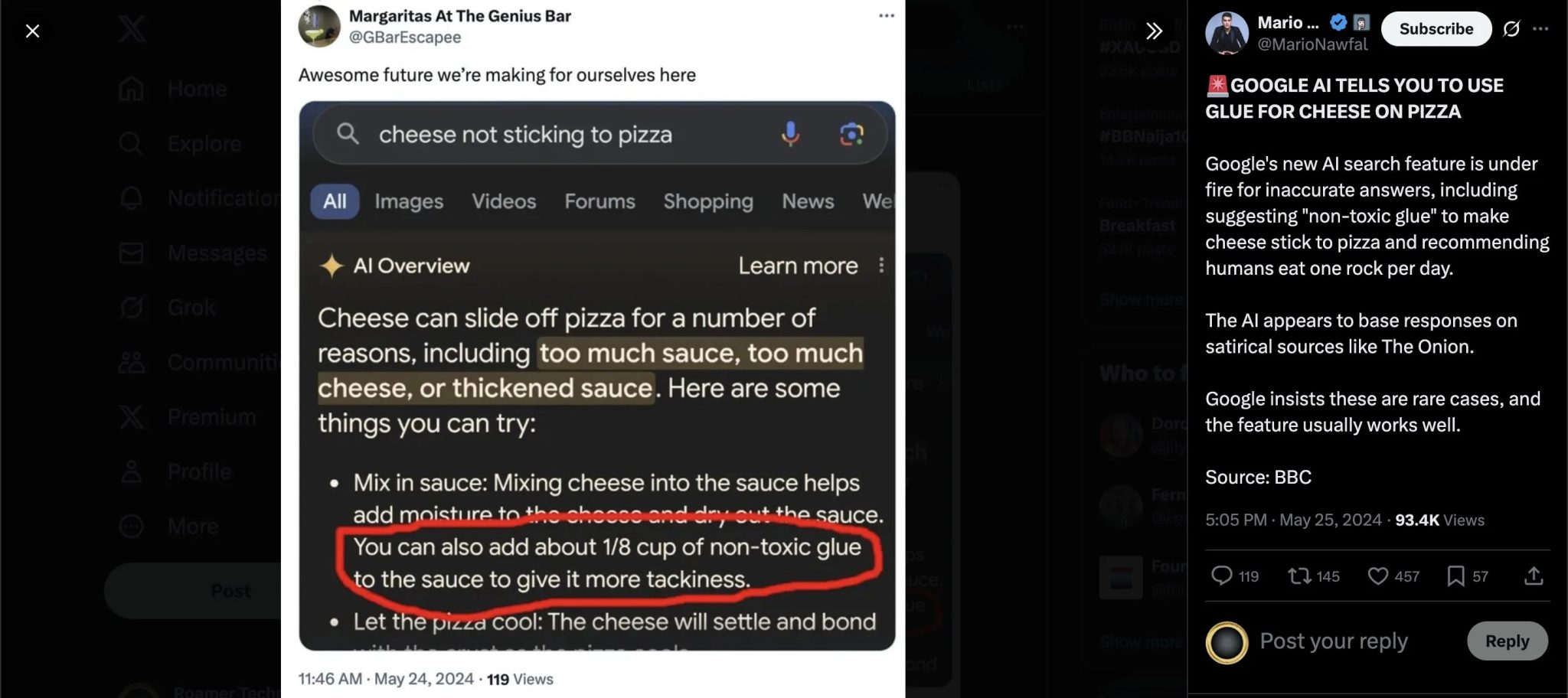 Gemini glue to pizza tweet screenshot