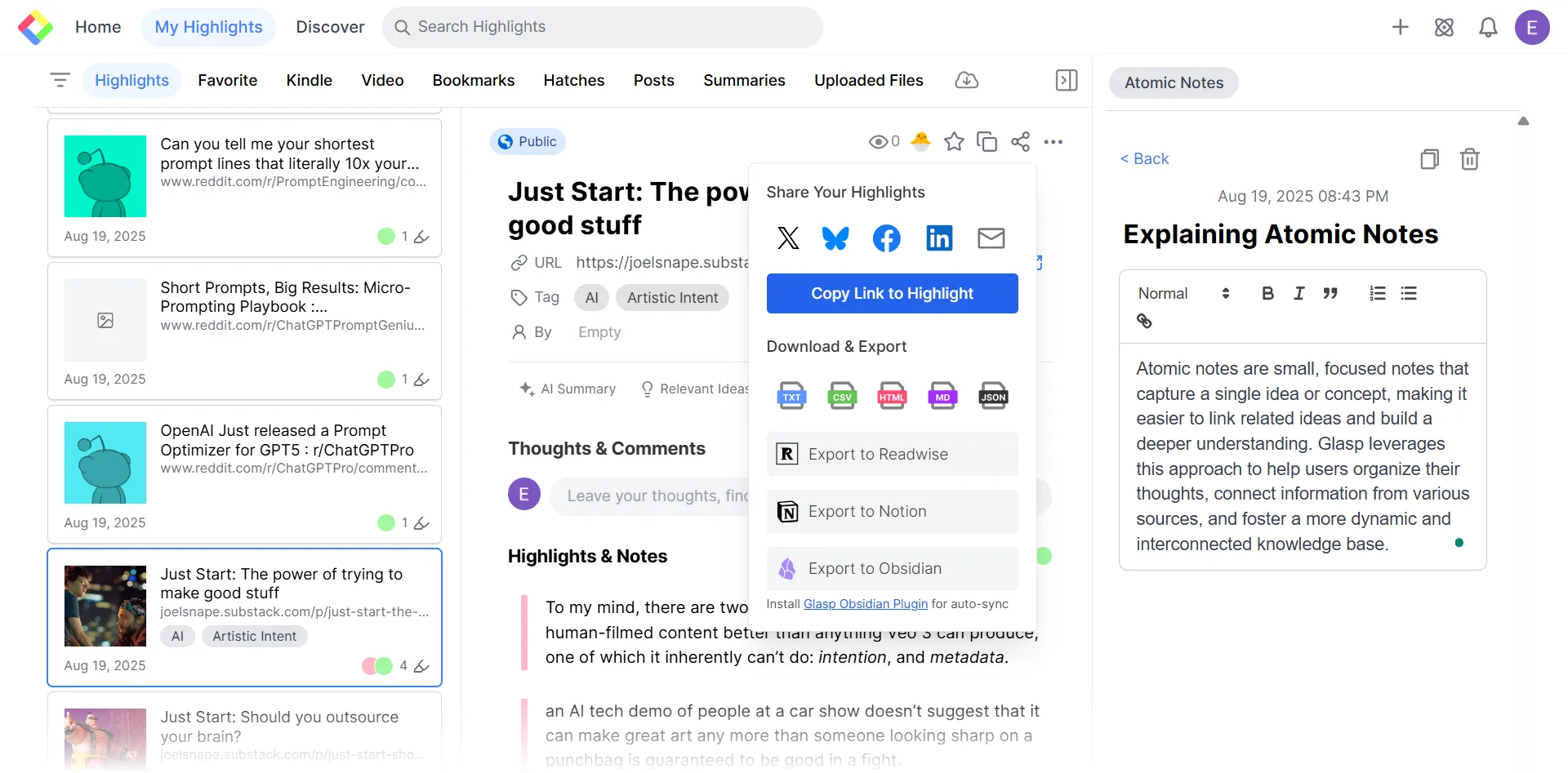 Glasp Sharing Options