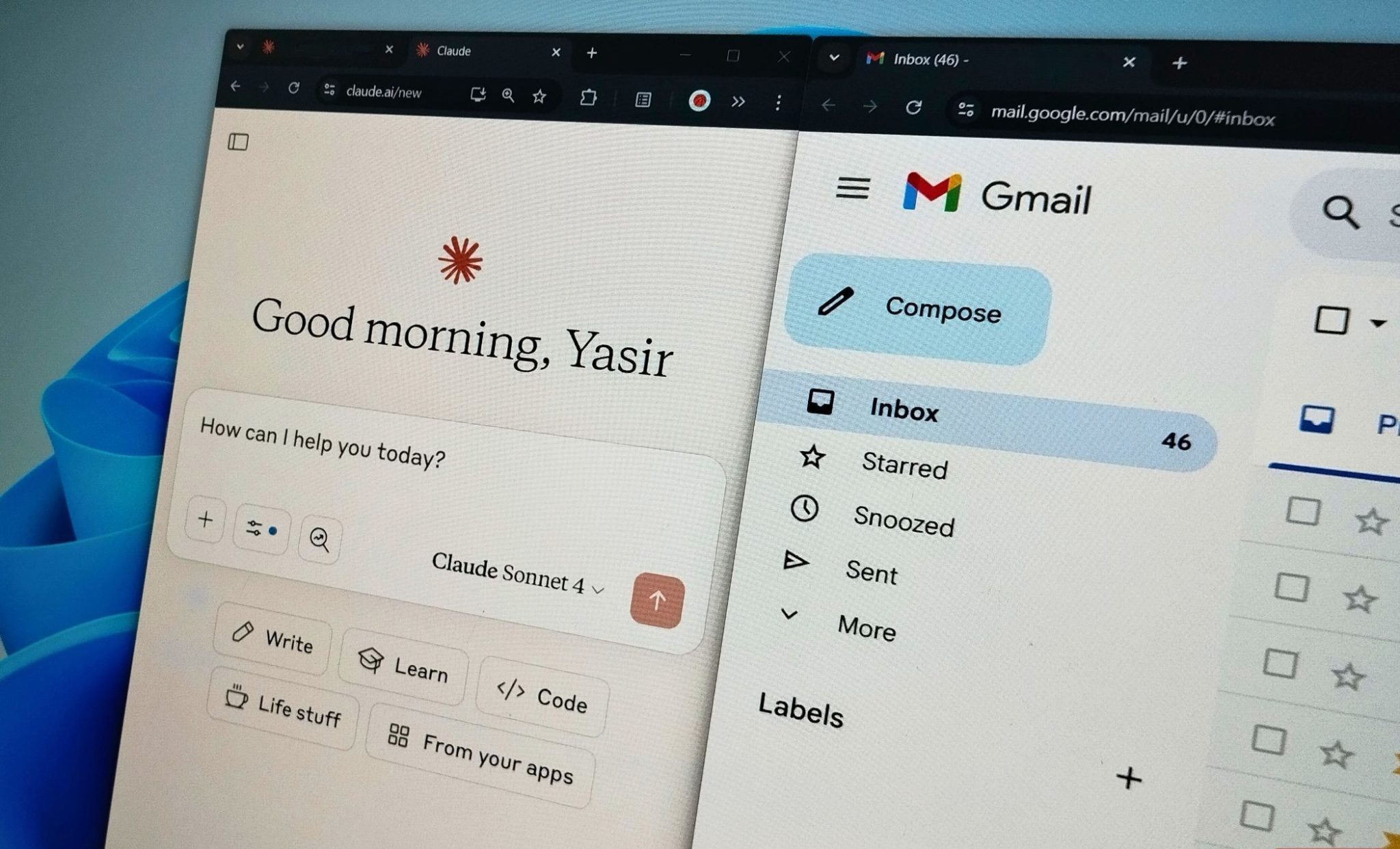 نافذة Gmail مكدسة على نافذة Claude.