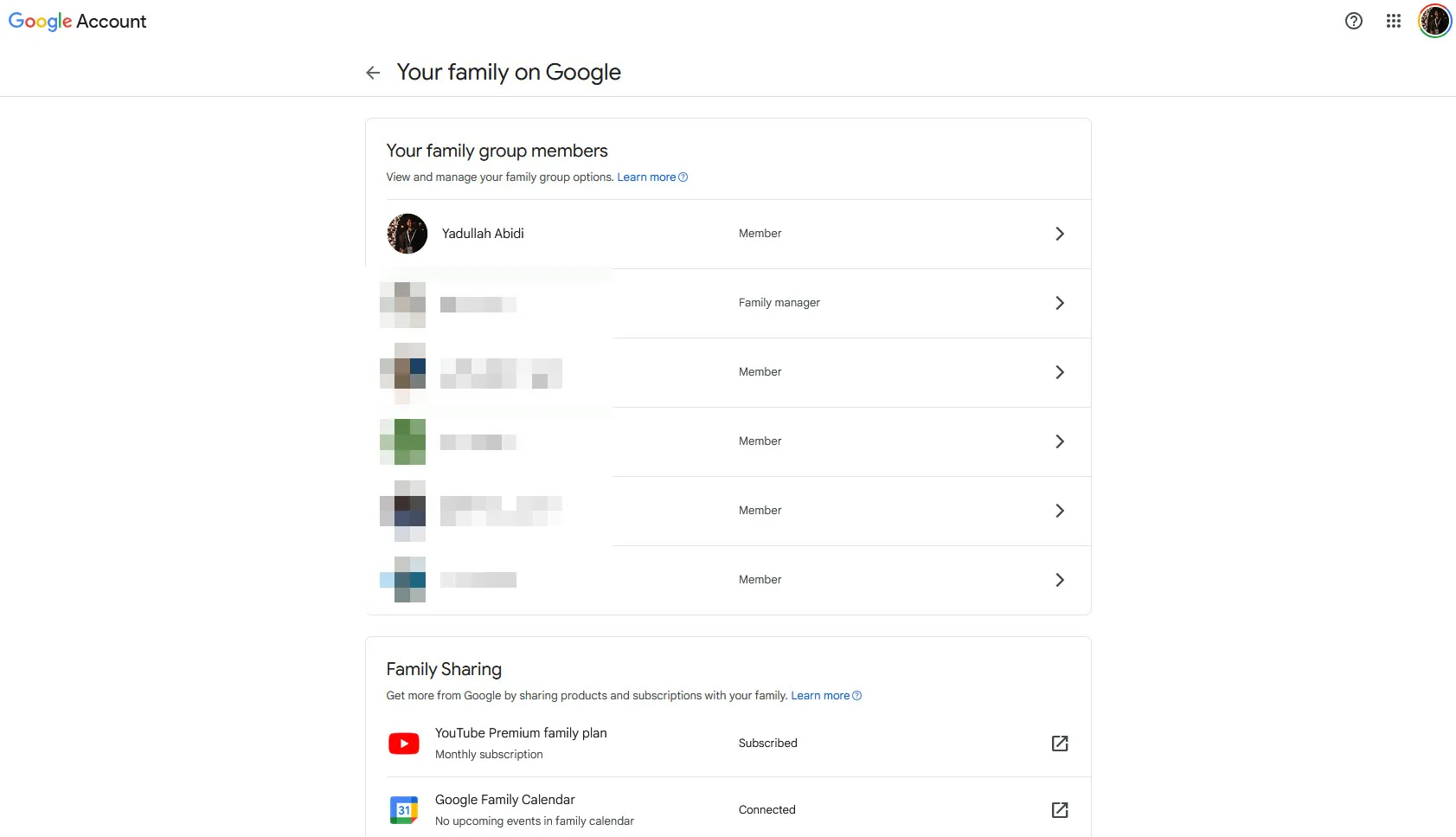 صفحة العائلة في Google One مع أفراد العائلة