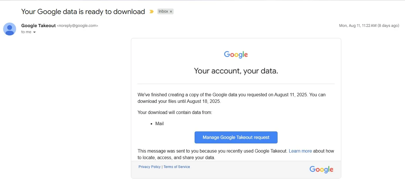 رابط تنزيل Google Takeout المرسل إلى البريد الإلكتروني.