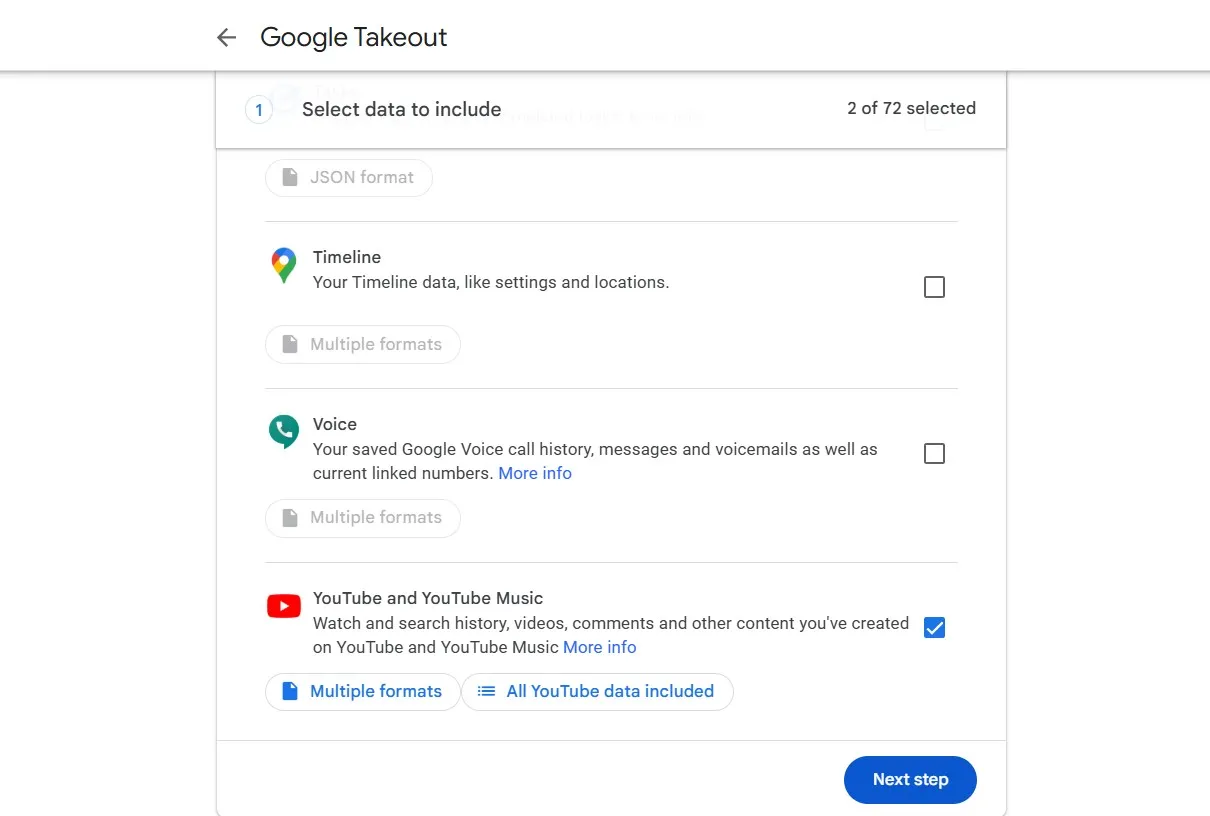 صفحة Google Takeout مع تحديد بيانات YouTube و YouTube Music للتصدير.