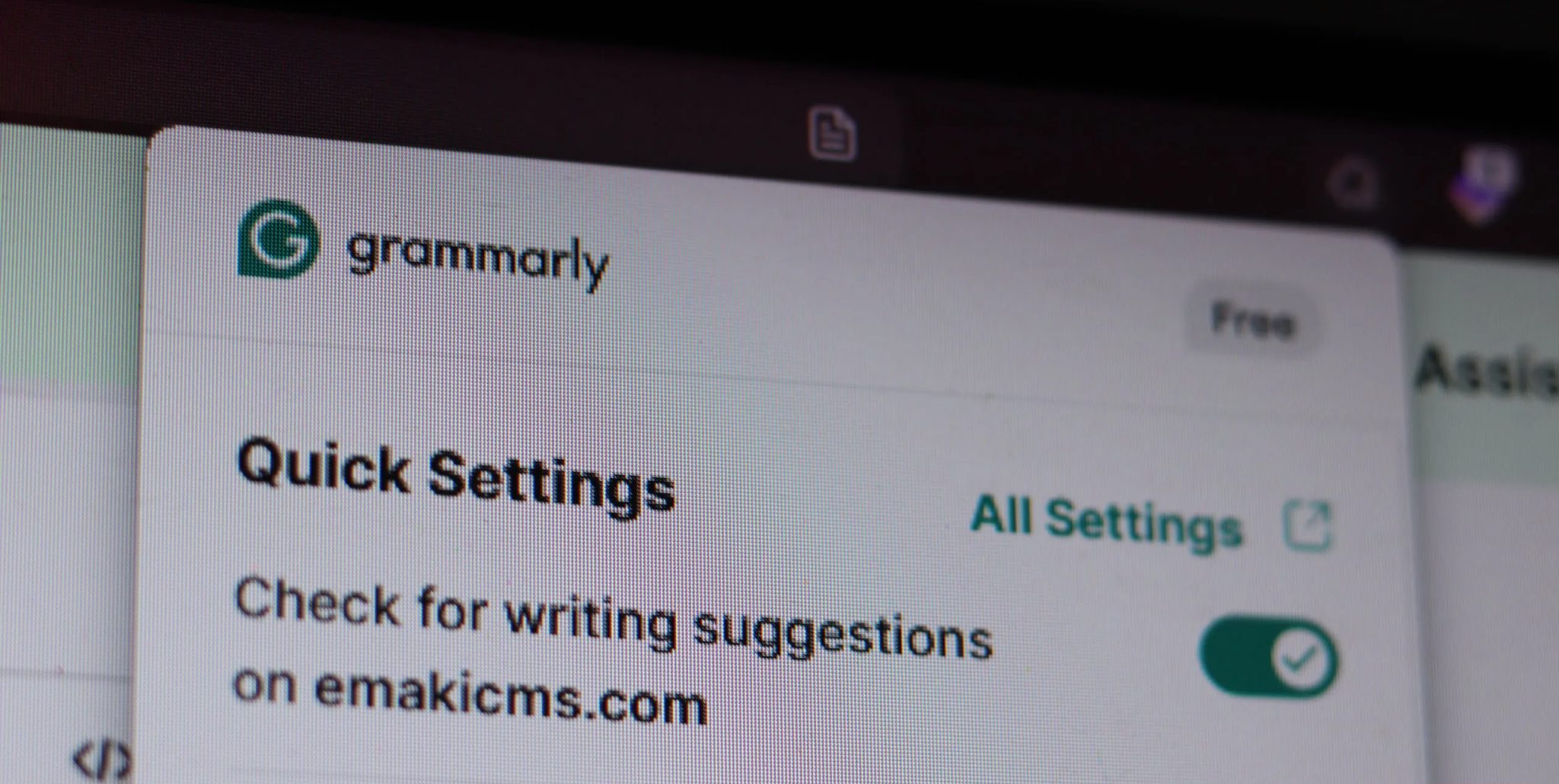 Grammarly quick settings panel