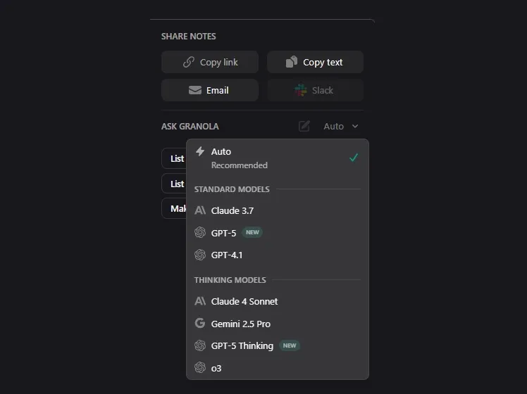 granola ai app available ai models