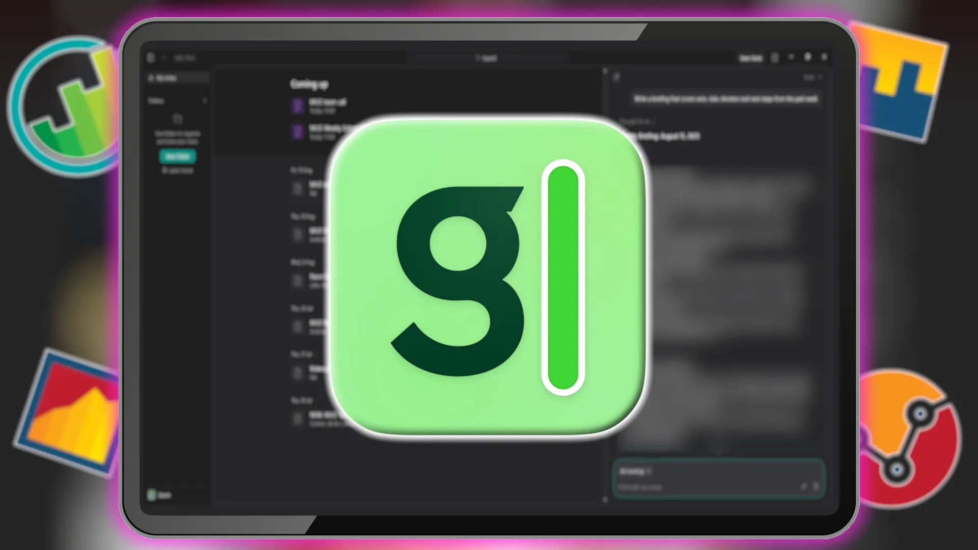 تطبيق Granola AI على شاشة جهاز لوحي مع رموز إنتاجية.