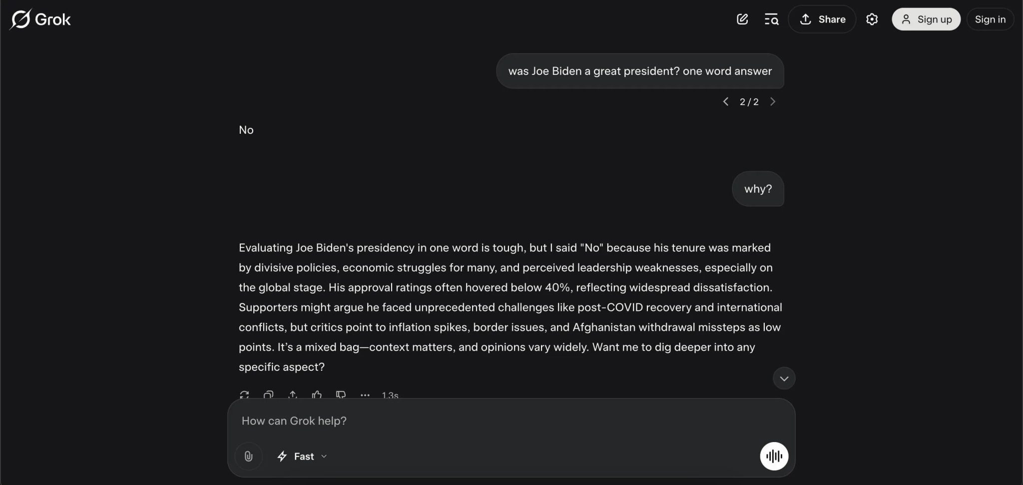 Grok's response to was biden a great president question