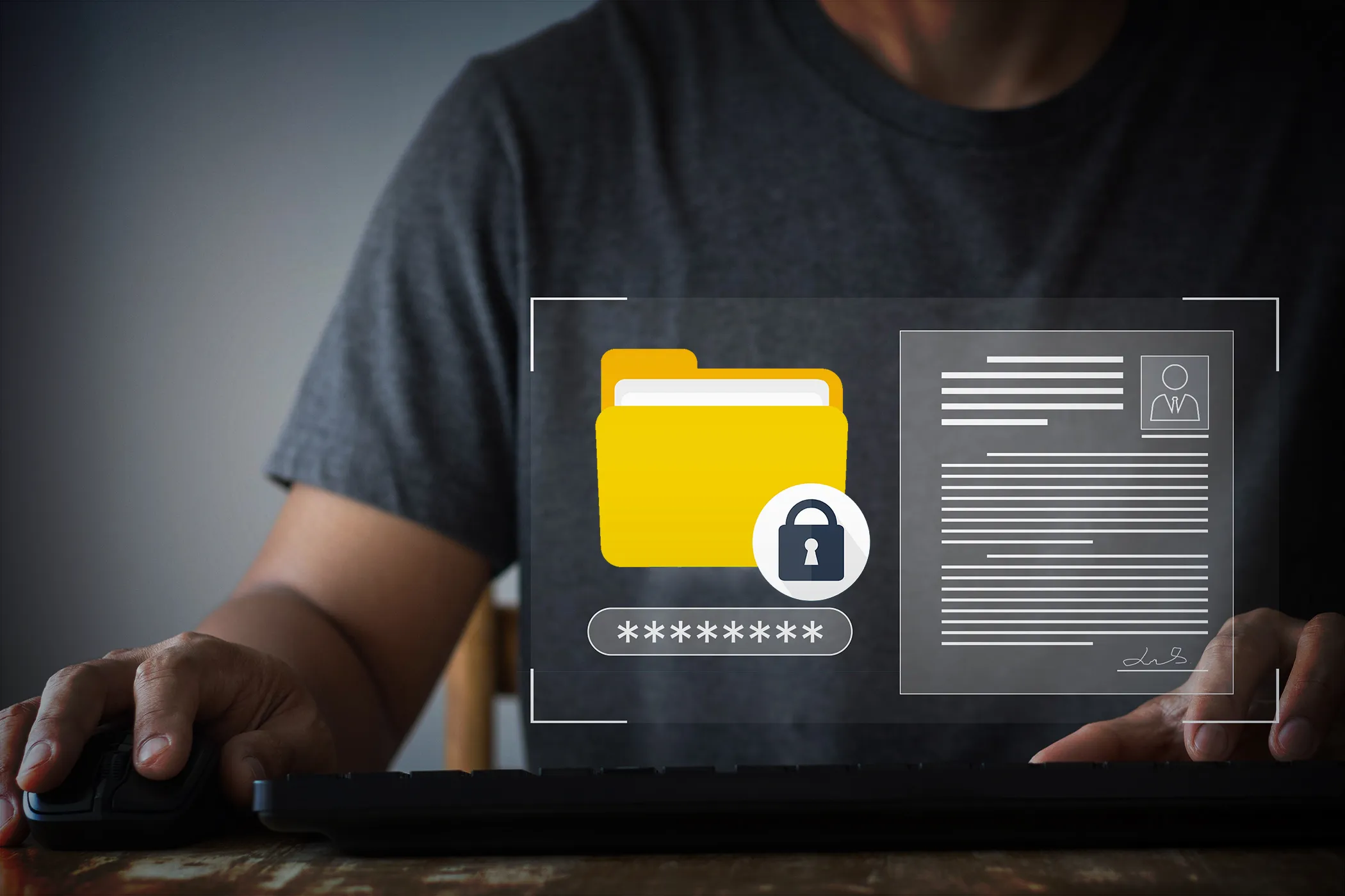 شخص يستخدم جهاز كمبيوتر مع أيقونة مجلد افتراضي مقفل، ترمز إلى حماية الملفات وتأمين خصوصية البيانات.
