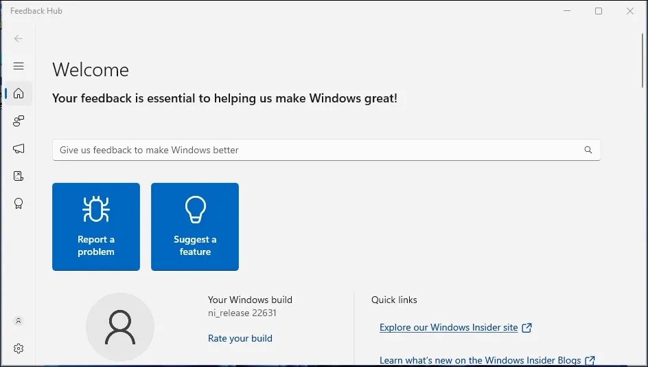 تطبيق مركز تقديم الملاحظات في إصدار Windows 11 التجريبي