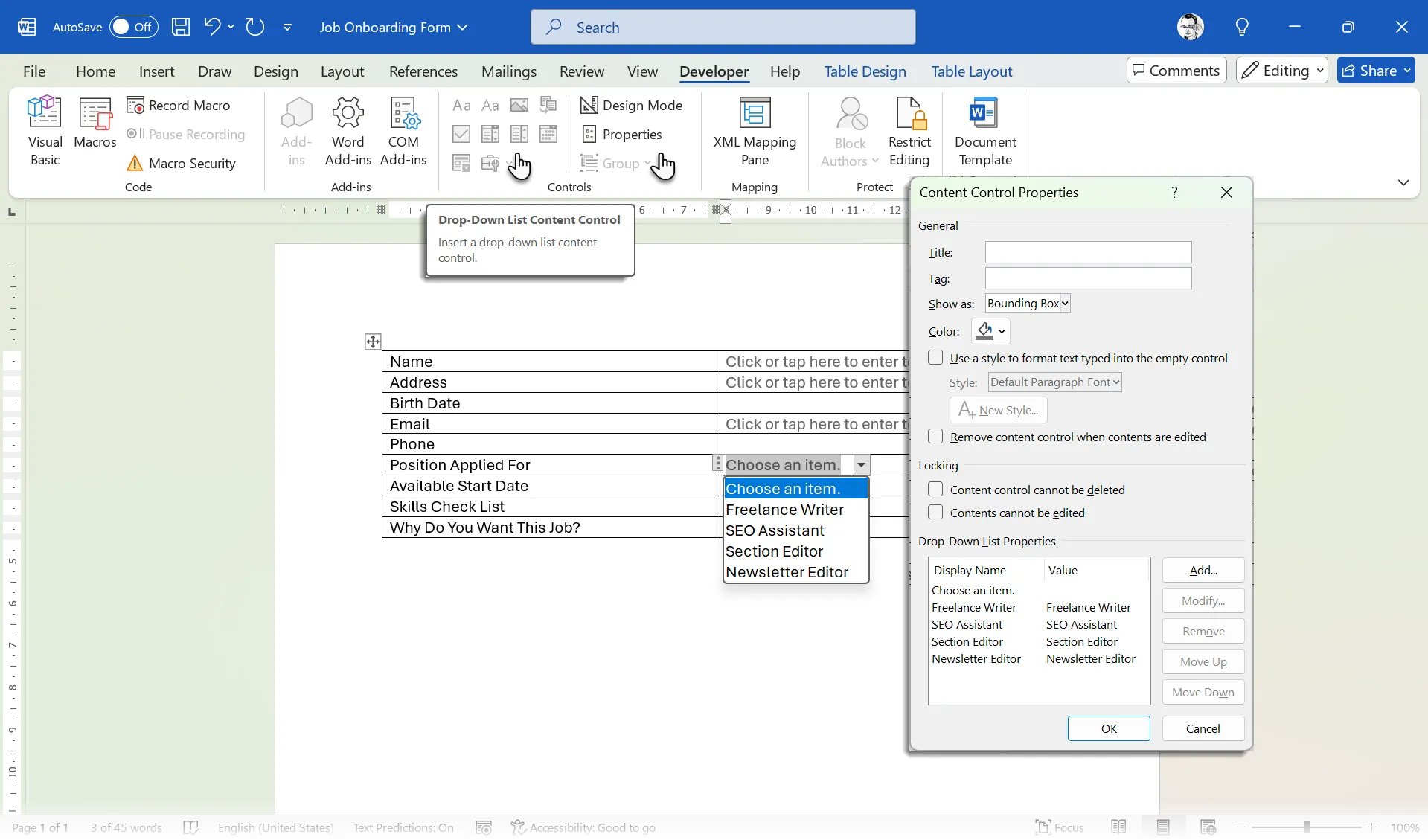 Insert Drop Down Control in Word Form