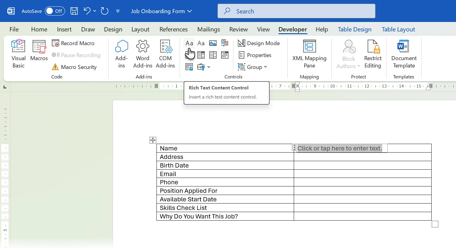 Insert a Rich Text Control in a Word Form