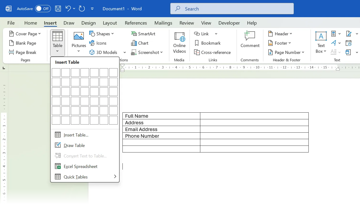 إدراج جدول في Word