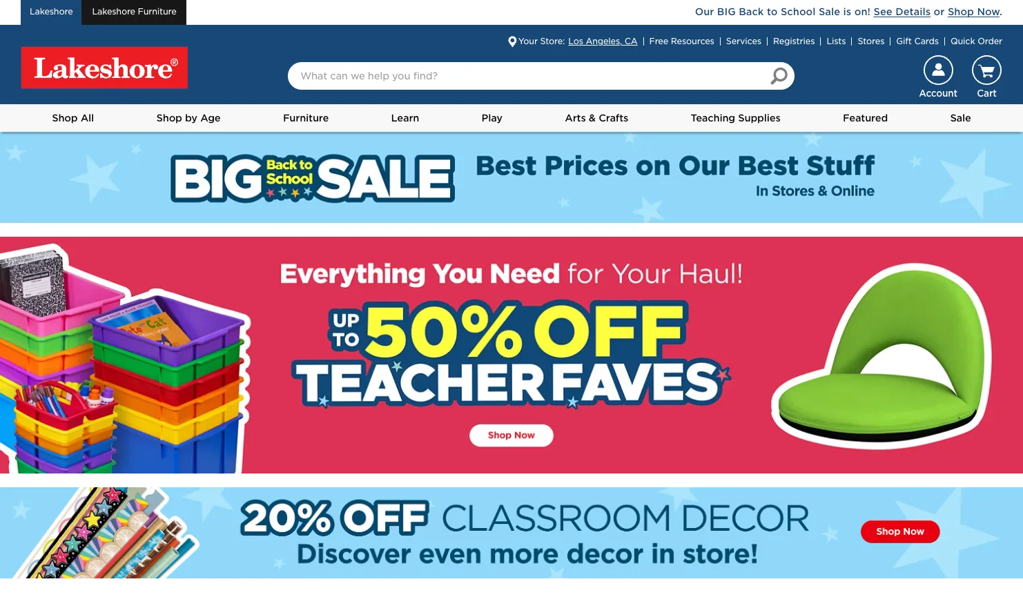 صفحة Lakeshore الرئيسية تعرض لافتات خصومات مختلفة على اللوازم المدرسية