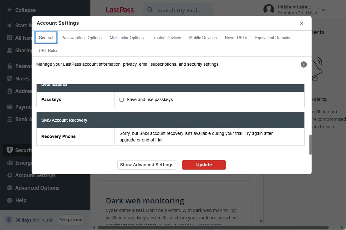 Lastpass recovery options on web interface