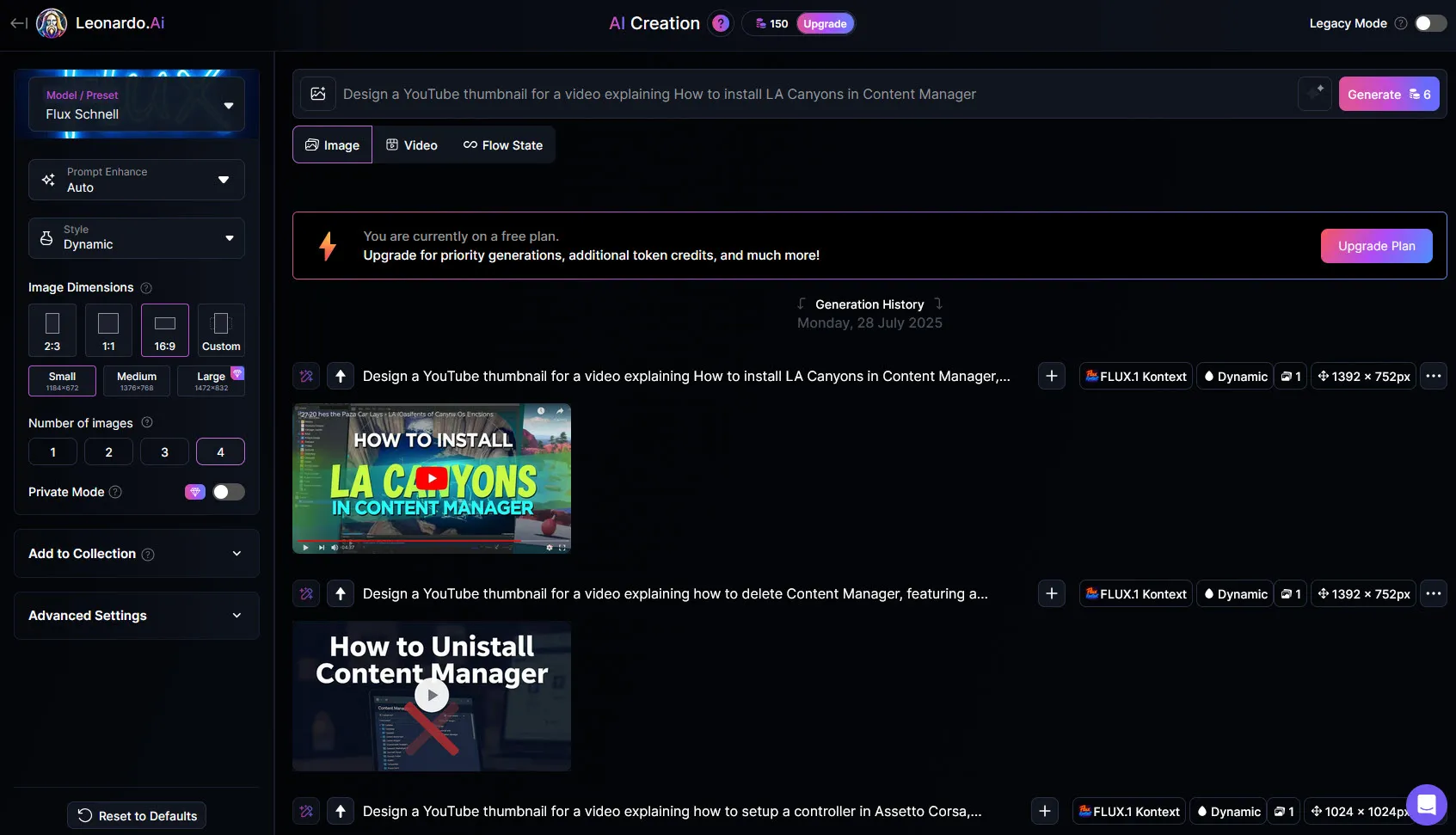Leonardo.AI free tier dashboard