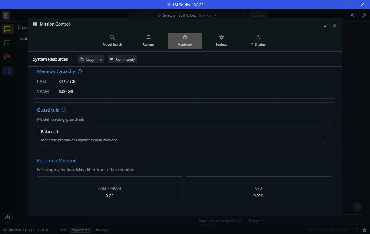 lm studio hardware settings.