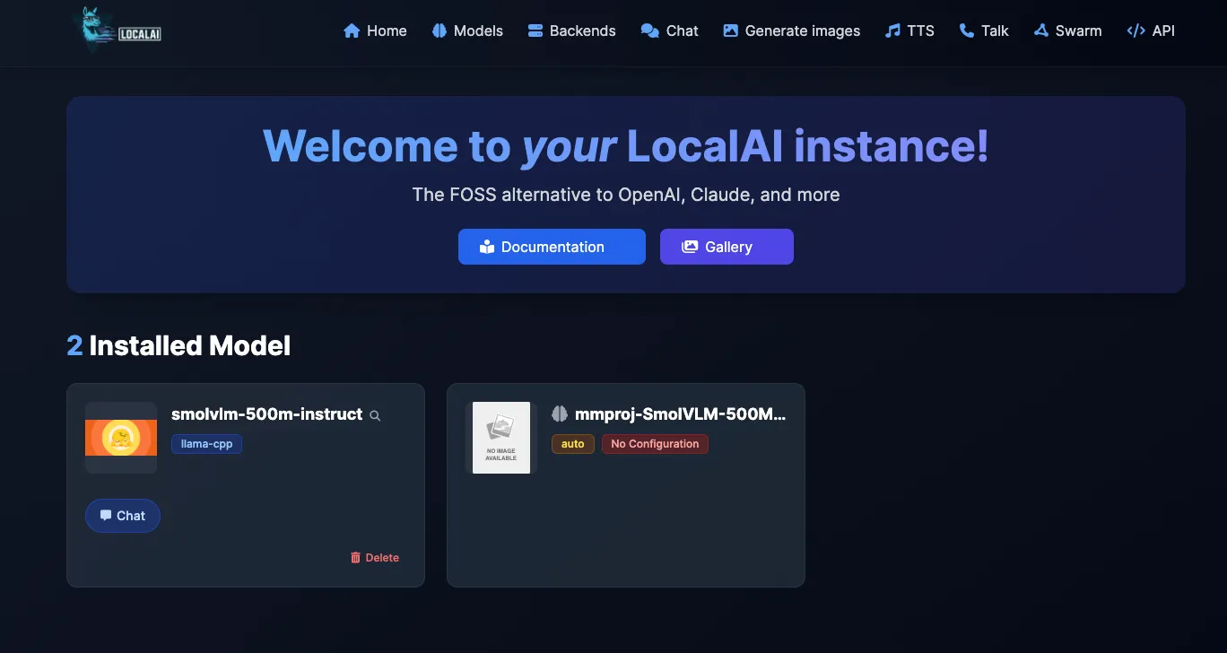 LocalAI web UI showing the list of installed models
