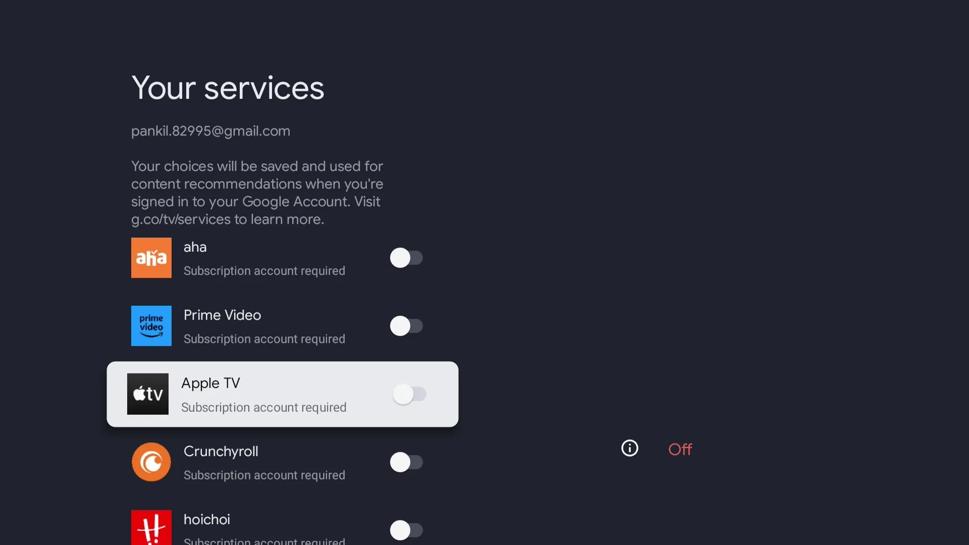 Manage services menu on Google TV