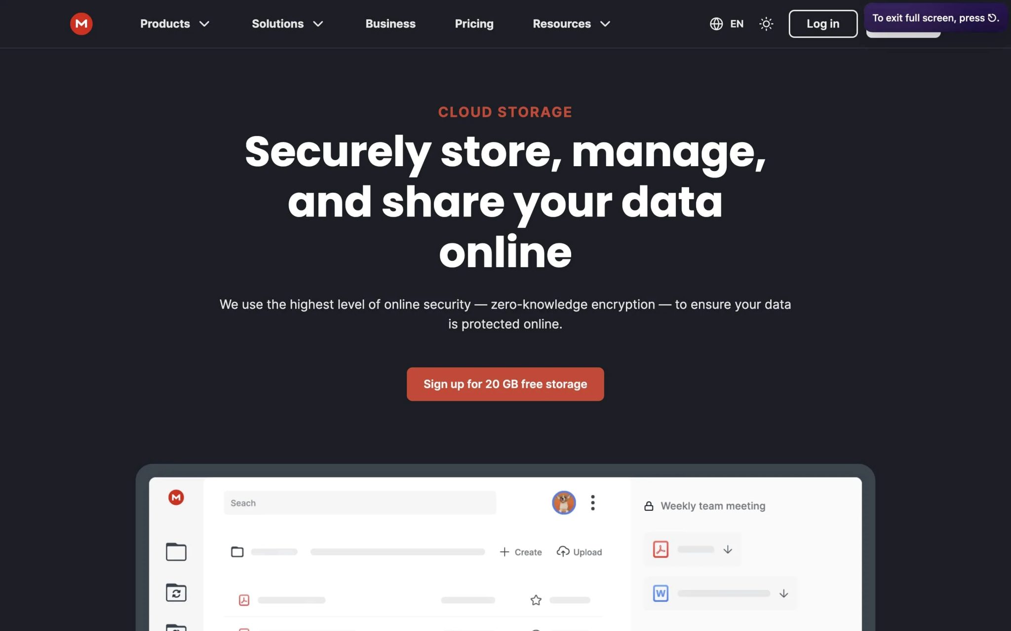 mega cloud storage landing page