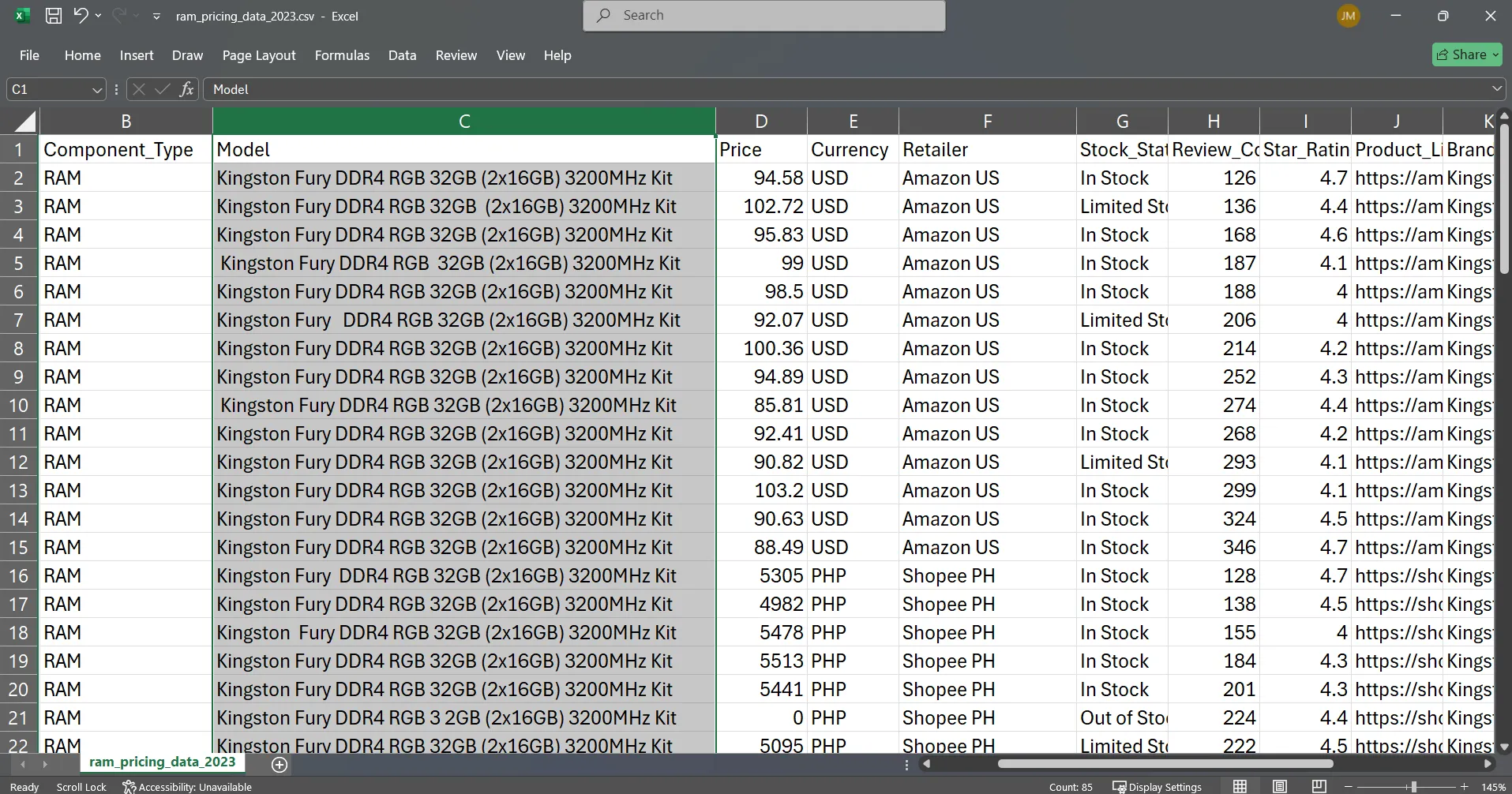 Messy RAM pricing data
