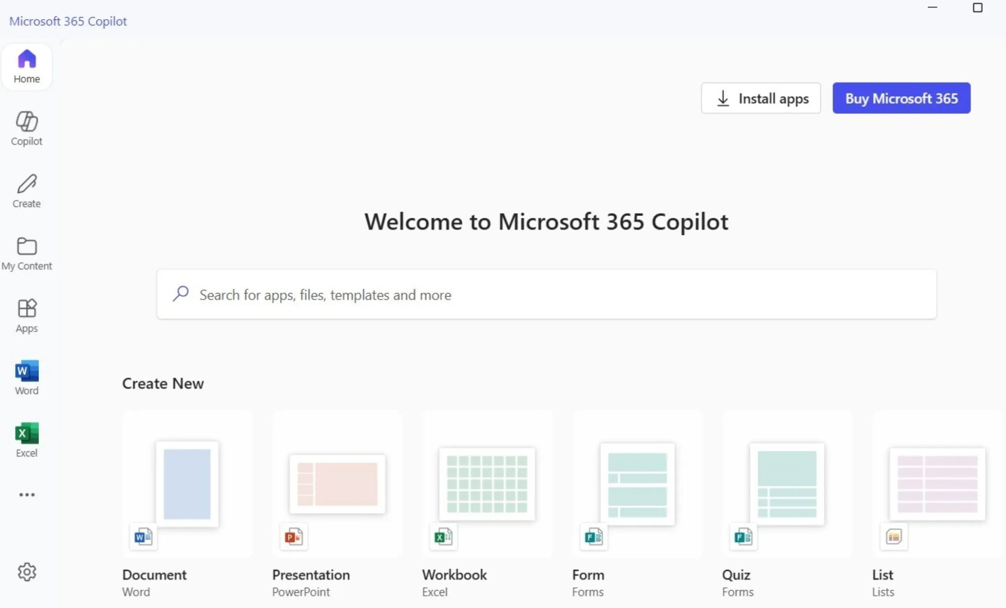 Microsoft 365 Copilot app home tab