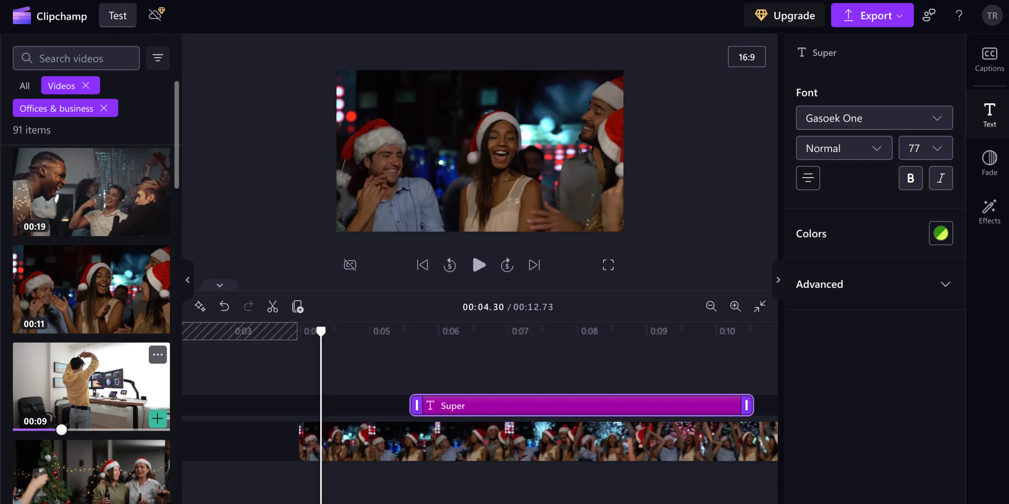 نافذة Microsoft Clipchamp مع فيديو لقطات مخزنة
