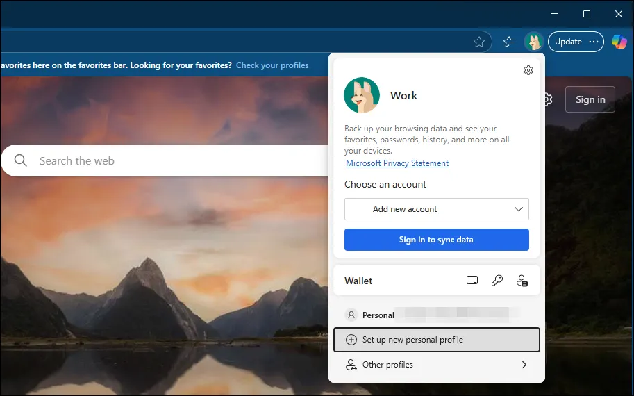 Microsoft Edge set up new personal profile