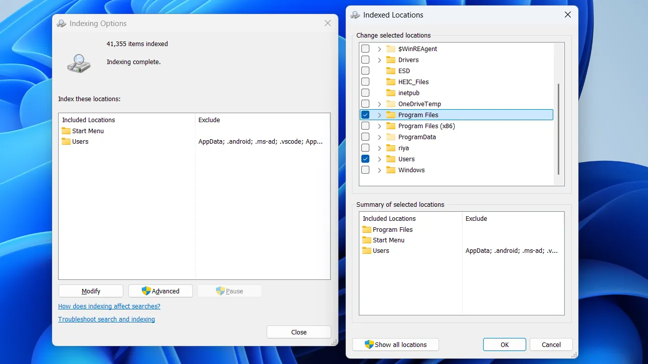 تعديل خيارات فهرسة البحث في نظام التشغيل Windows 11