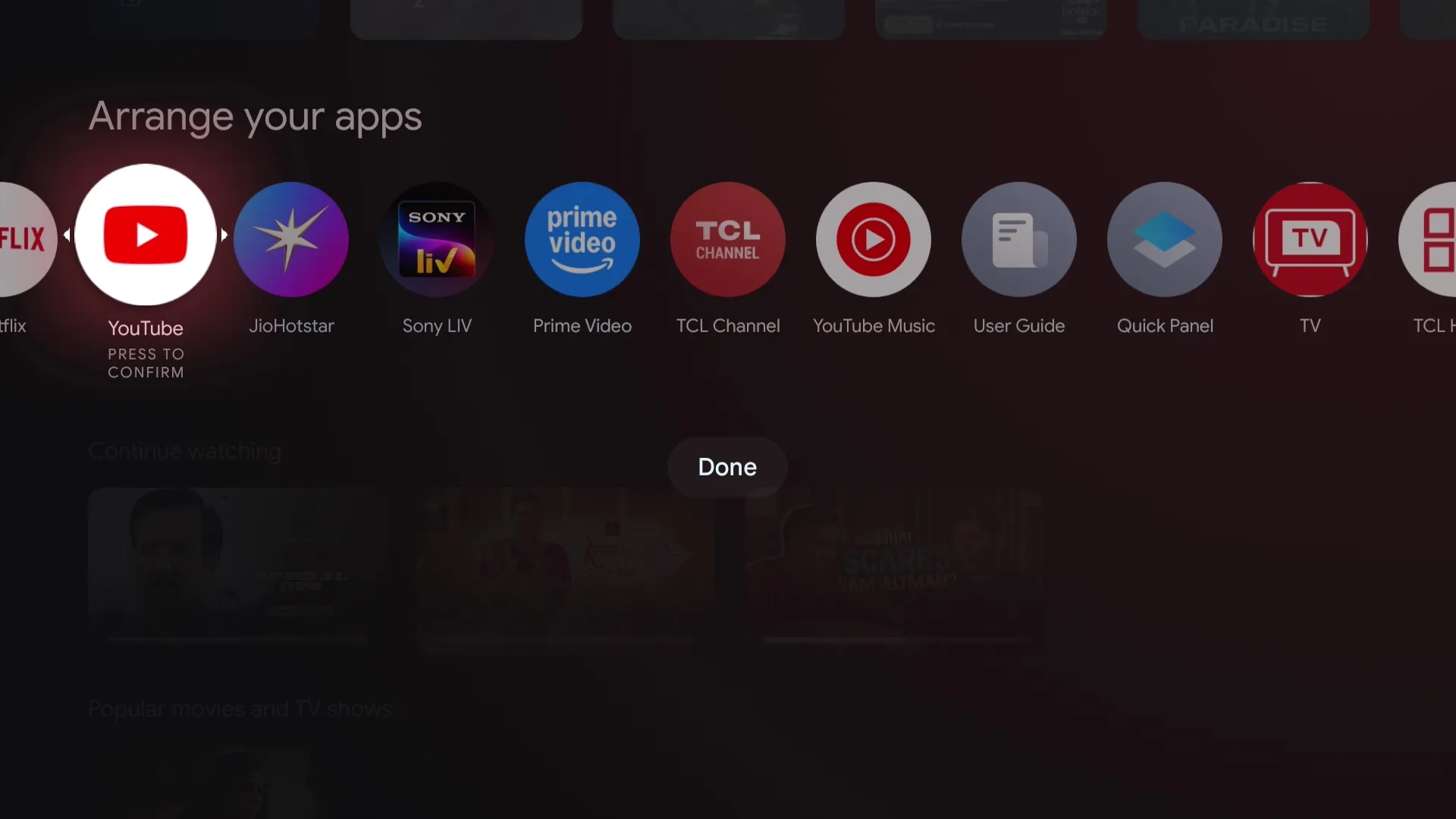 Move apps option on Google TV