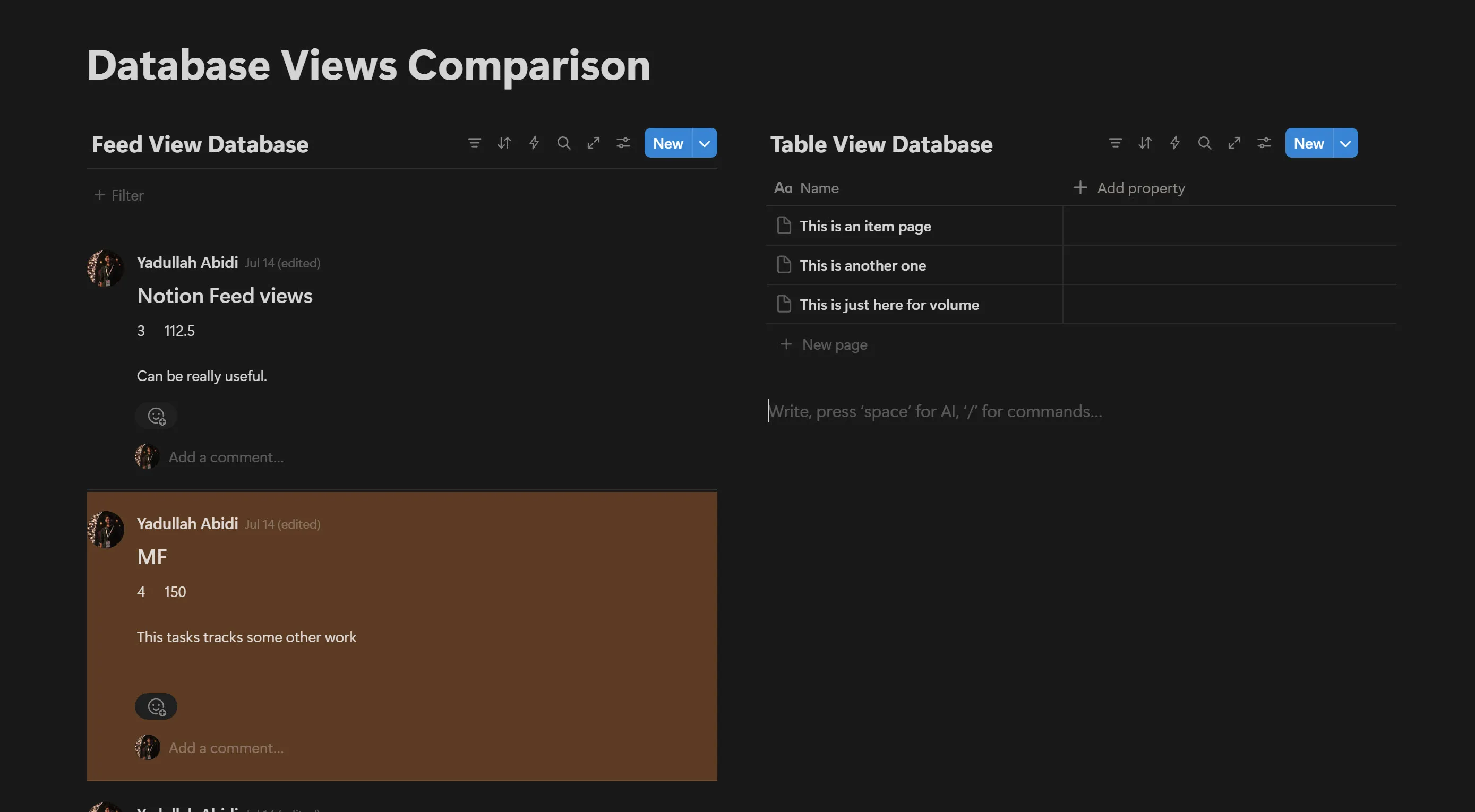 صفحة Notion تعرض قاعدتي بيانات مختلفتين في عرض الخلاصة وعرض الجدول